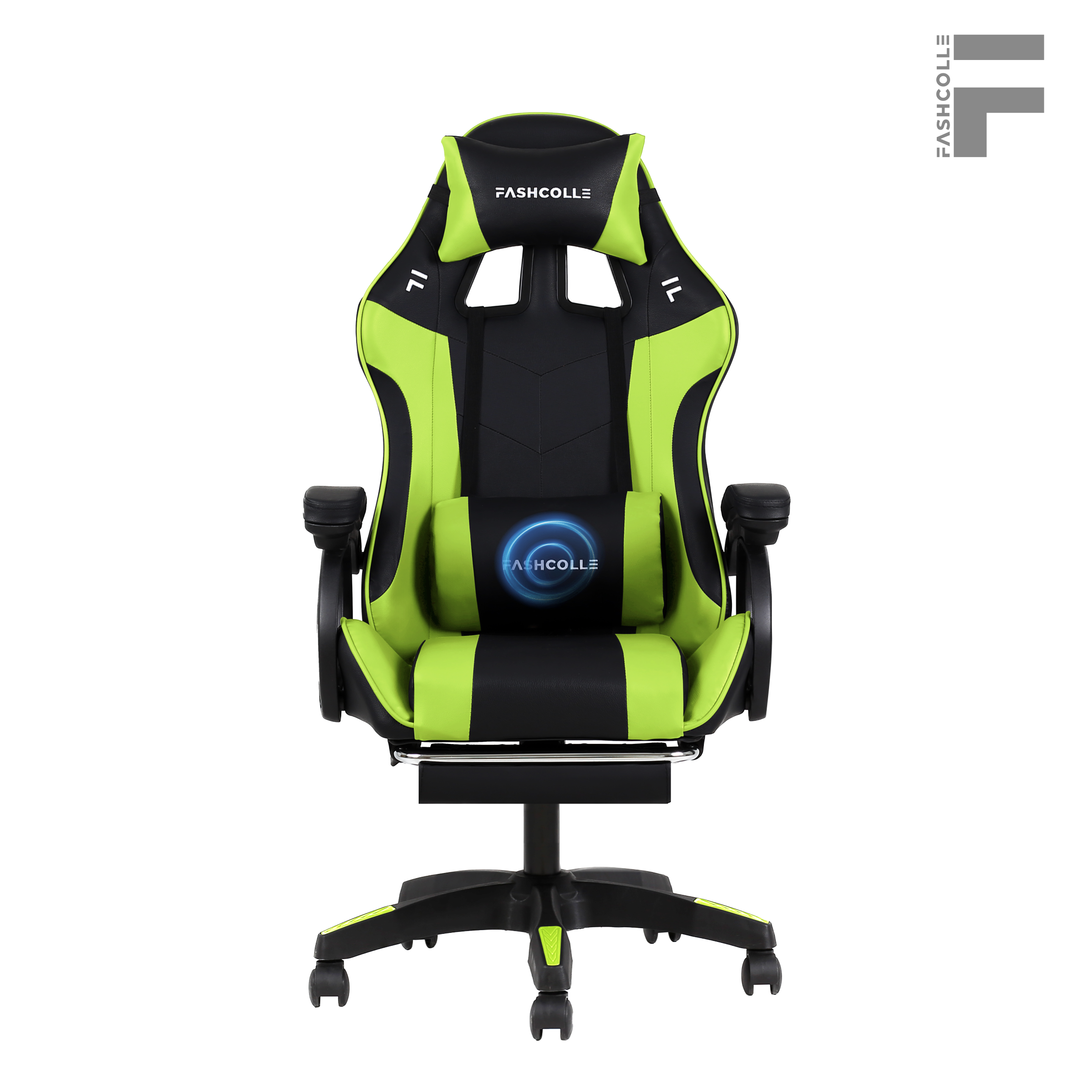 Siyah ve neon yeşili oyuncu koltuğu, başlıkta logo.