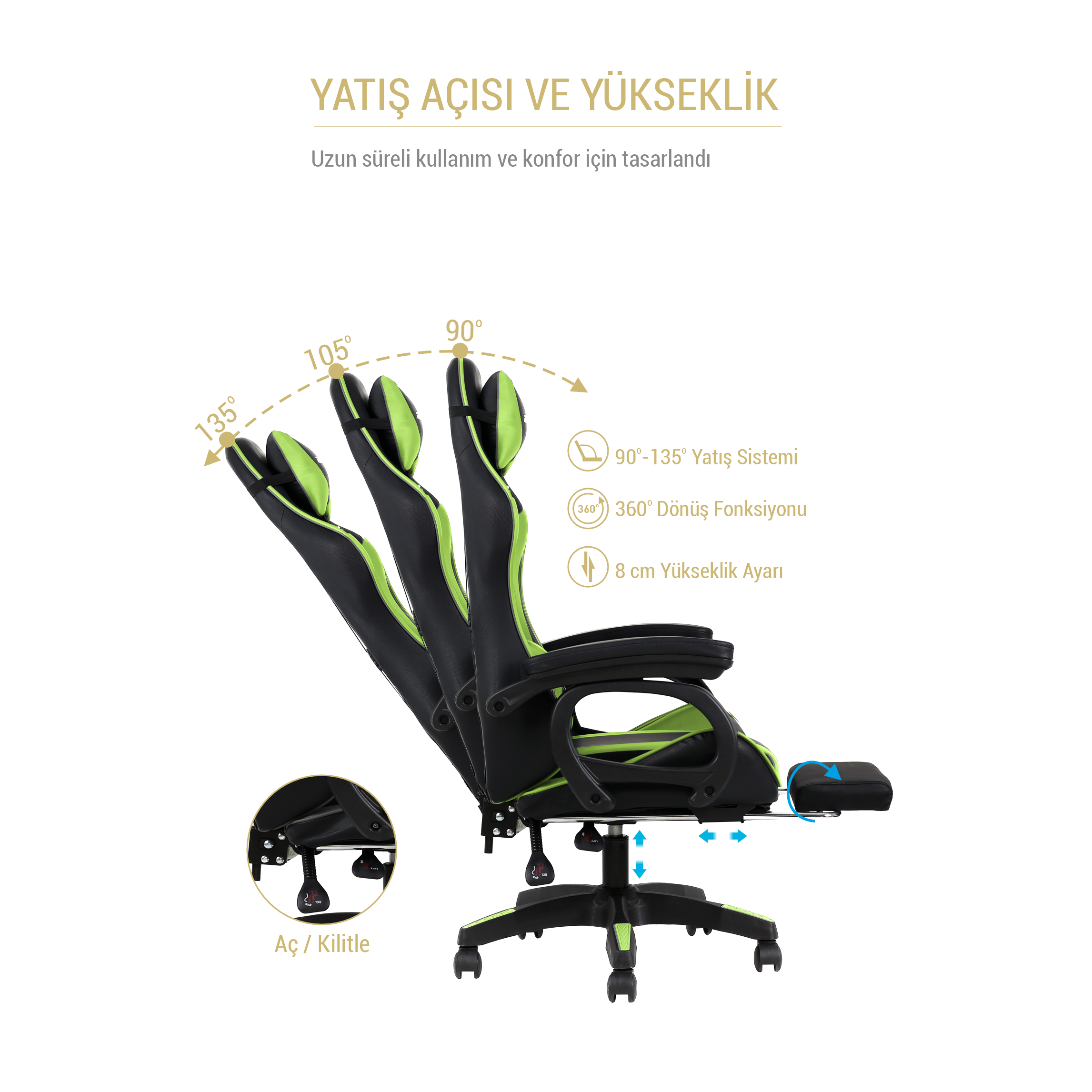 Ayarlanabilir sırt ve ayak desteğini gösteren siyah ve yeşil oyuncu koltuğu.
