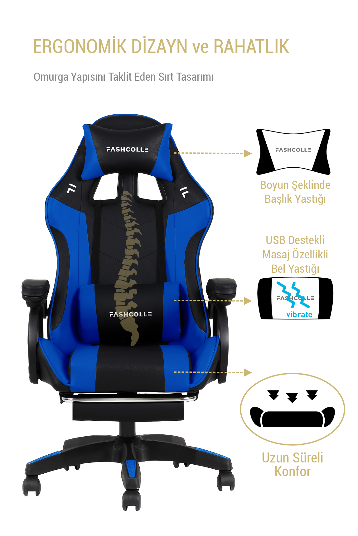 Ergonomik tasarımlı, omurga desenli mavi ve siyah oyuncu koltuğu.