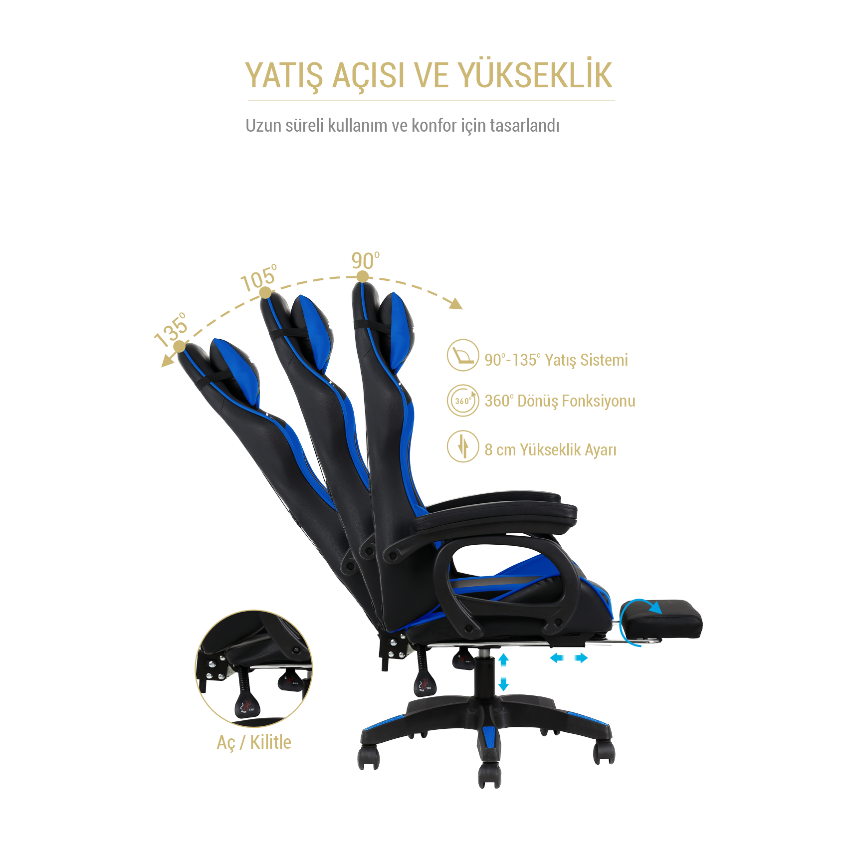 Ayarlanabilir sırt ve ayak desteğine sahip siyah ve mavi oyuncu koltuğu.