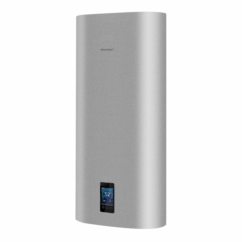 Srebrny podgrzewacz wody Warmtec z cyfrowym wyświetlaczem pokazującym 52 stopnie.