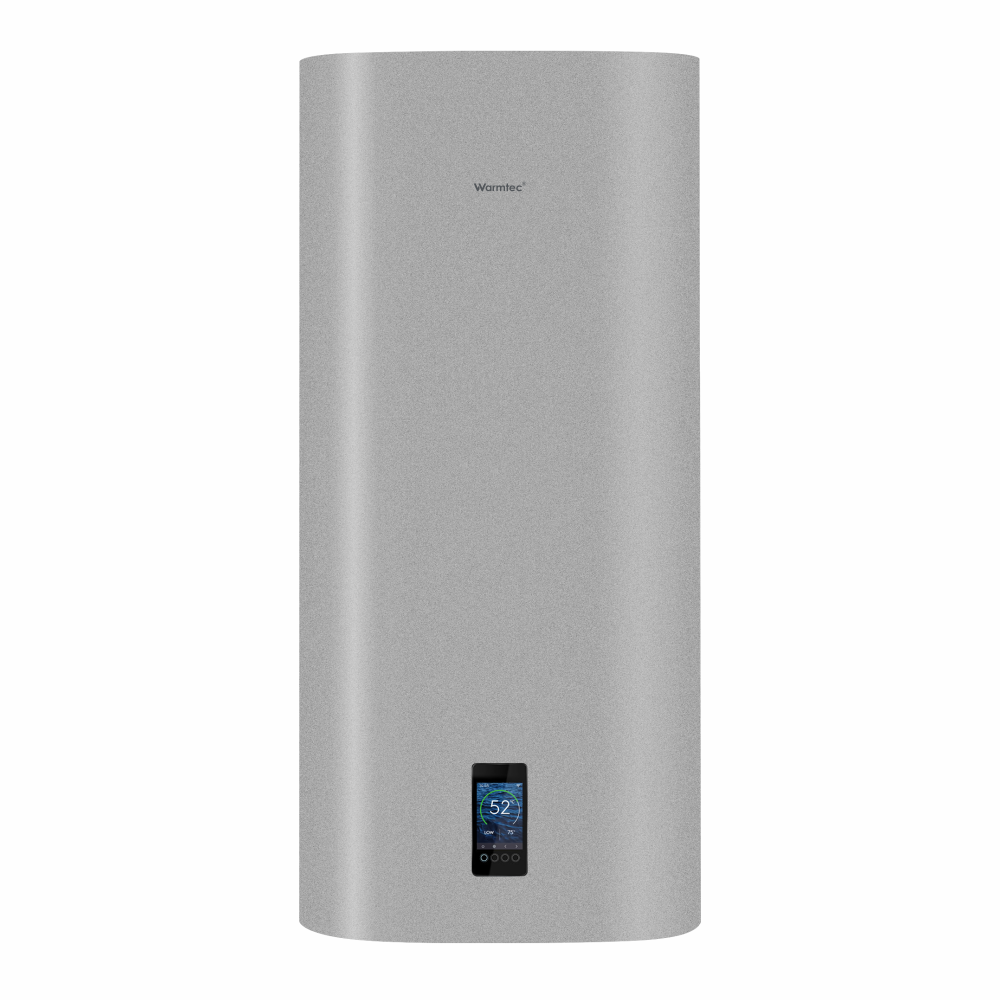 Srebrny podgrzewacz wody Warmtec z cyfrowym wyświetlaczem pokazującym 52°C.