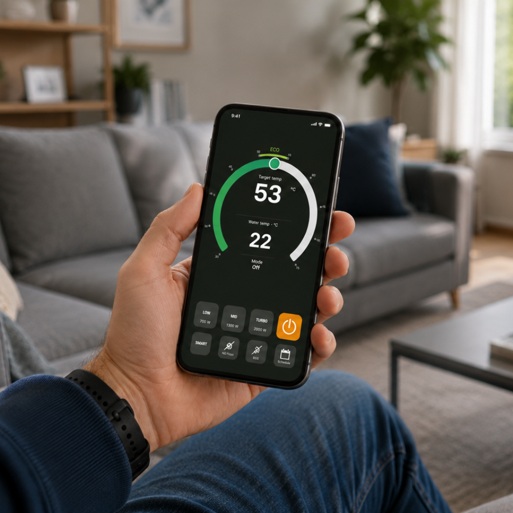 Mężczyzna trzyma smartfon z aplikacją sterowania ogrzewaniem. Cel 53°C, woda 22°C.
