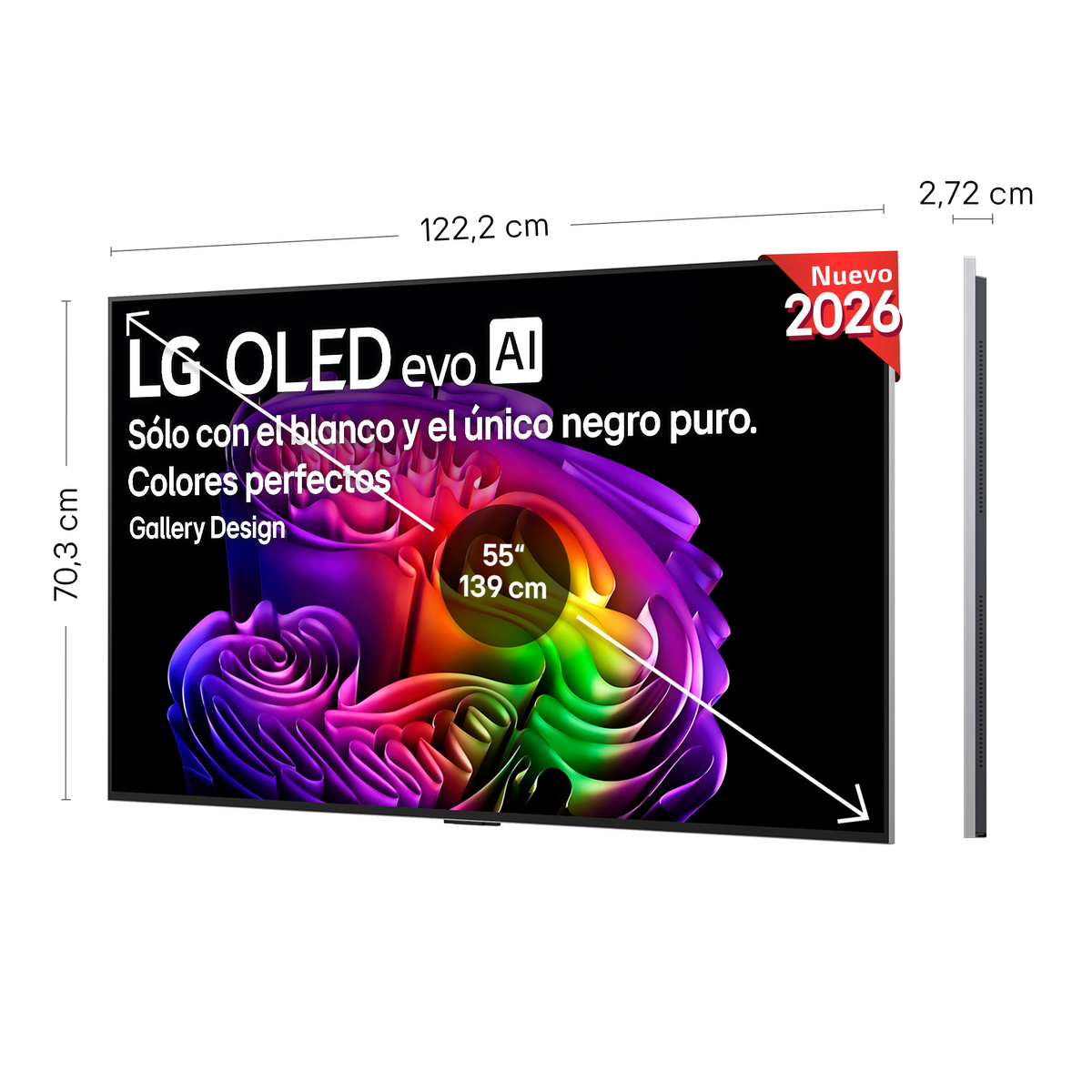 Un TV LG OLED evo AI de 55 pulgadas, 122,2 cm ancho, 70,3 cm alto.