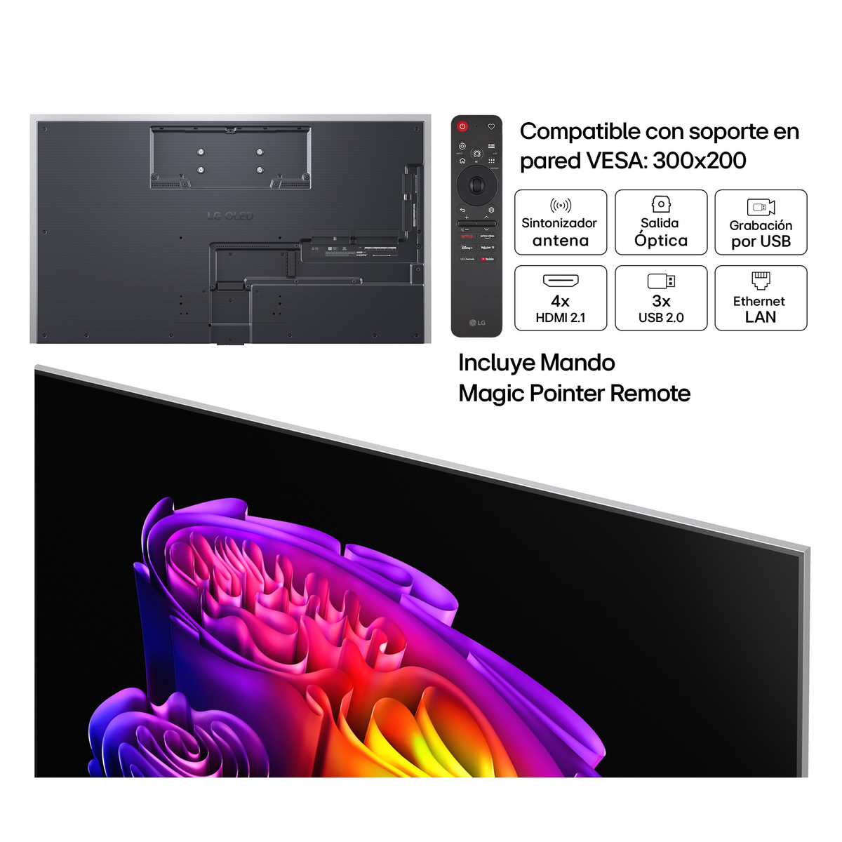 Parte trasera de TV LG OLED con mando y características: VESA, sintonizador, óptico, USB.