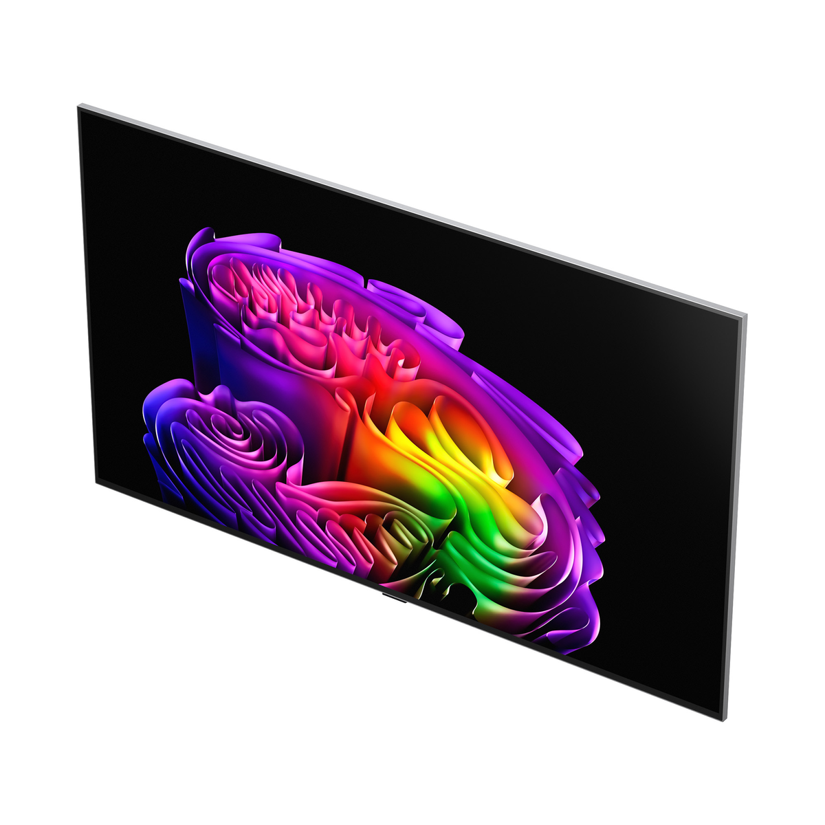 Un televisor elegante muestra formas abstractas, coloridas y arremolinadas en pantalla negra.