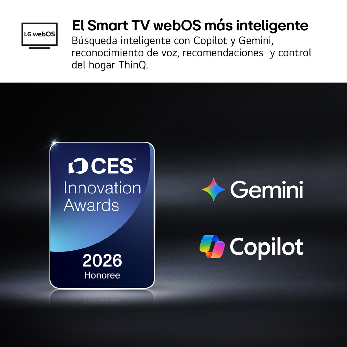 LG webOS CES Innovation Award 2026 Honoree con Gemini y Copilot.