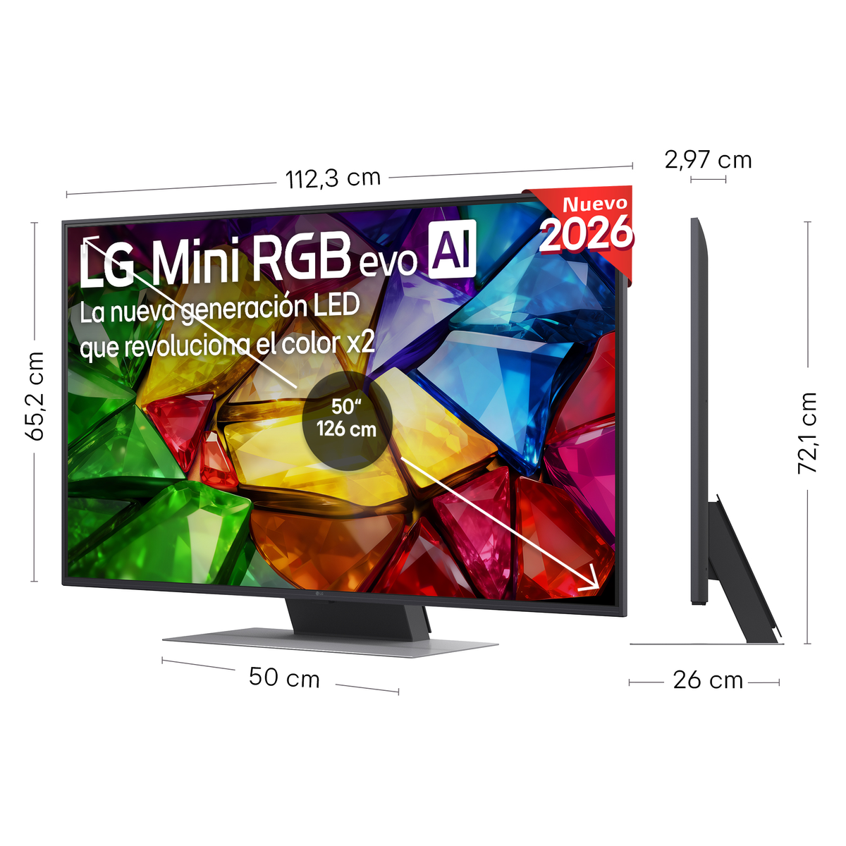 TV LG Mini RGB evo AI de 50 pulgadas, medidas 112,3x65,2x2,97 cm.