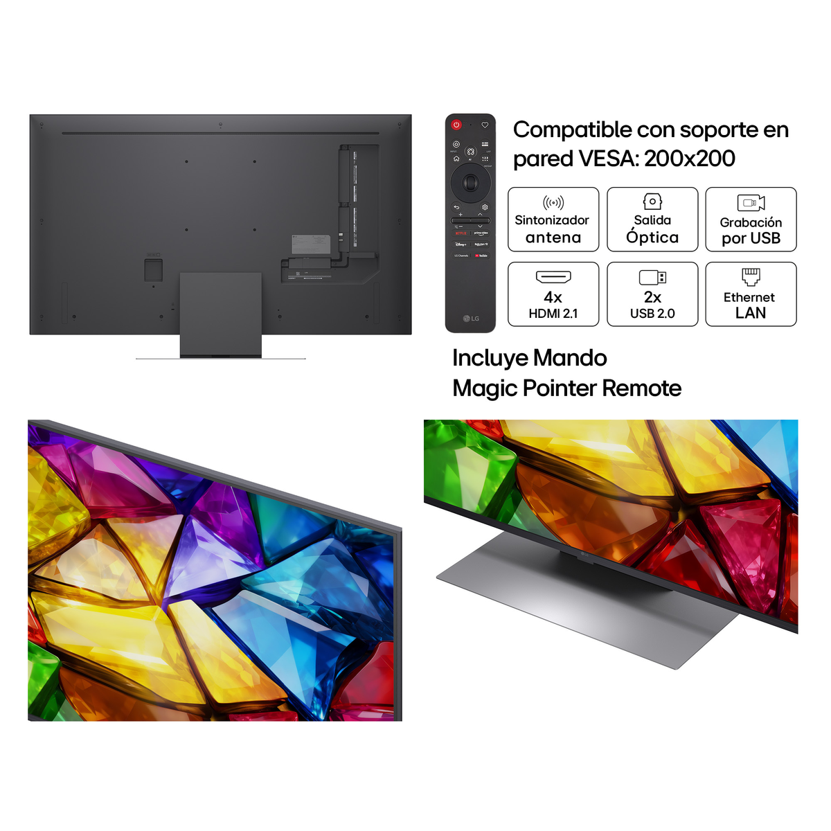 Reverso de un TV LG con puertos, control remoto y especificaciones.