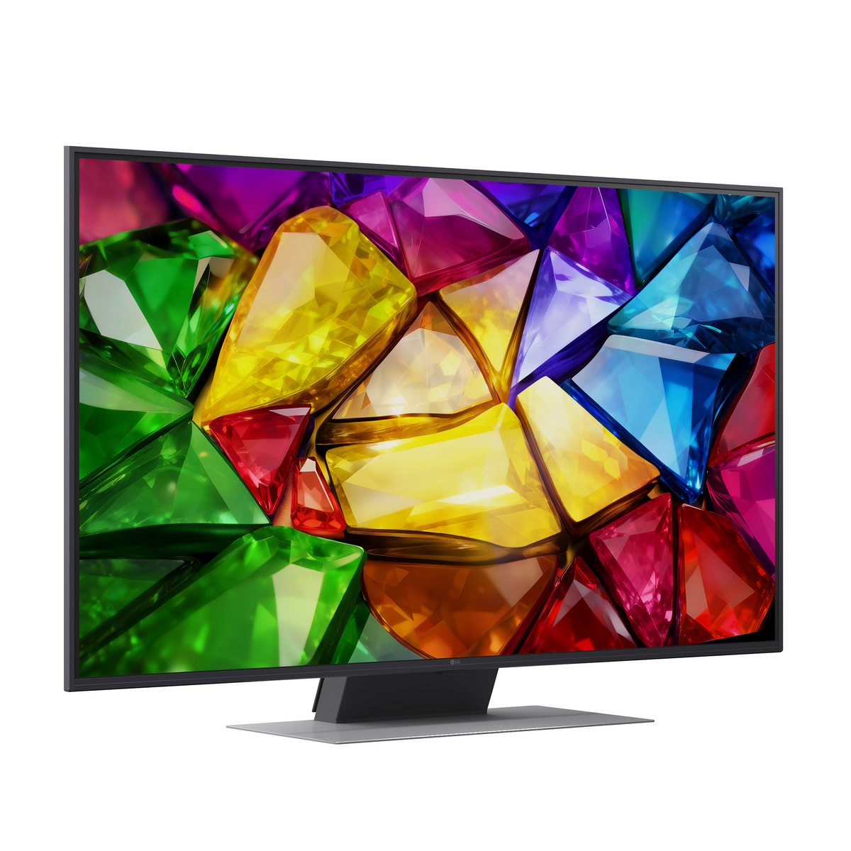 Un televisor moderno con un vibrante y colorido diseño de gemas en su pantalla.