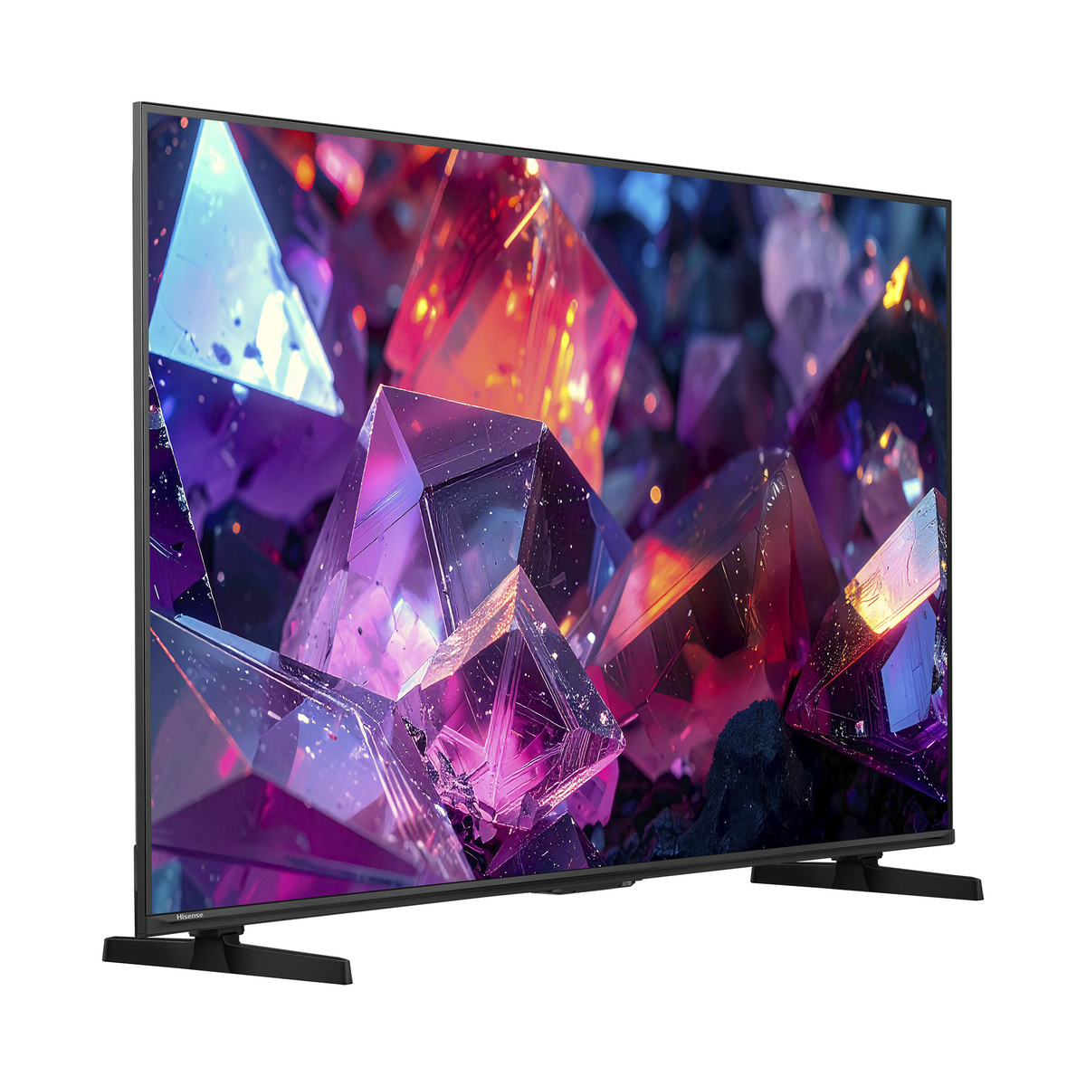 Un televisor negro moderno con un salvapantallas de cristales coloridos.