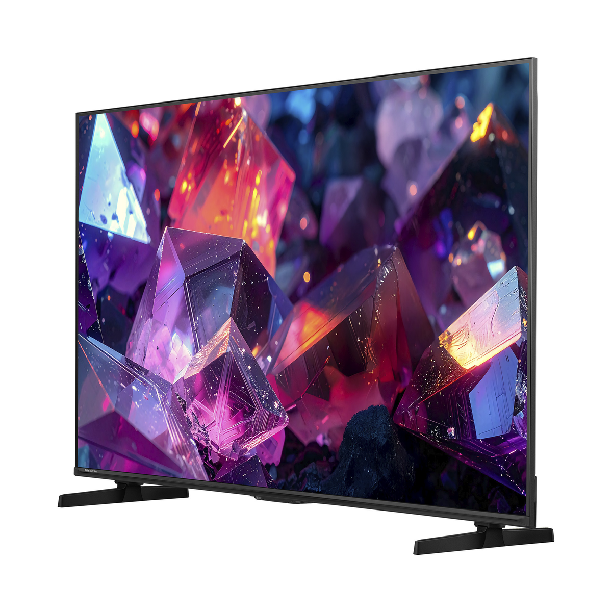 Un televisor negro grande que muestra un salvapantallas vibrante, similar a un cristal.