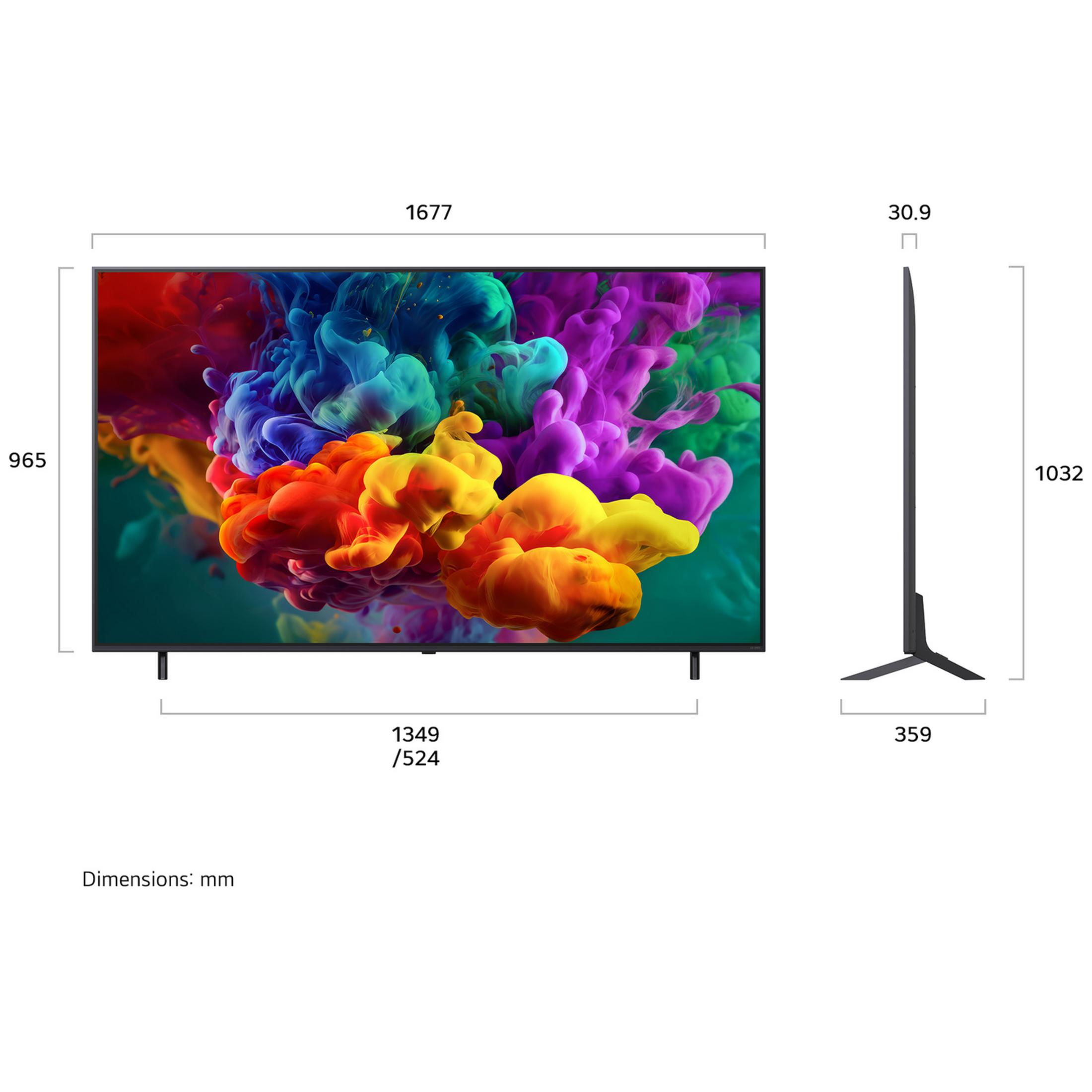 Televisor de pantalla plana con nubes de humo coloridas, dimensiones en mm: Al 965, An 1677, Pr 30.9, Base 359