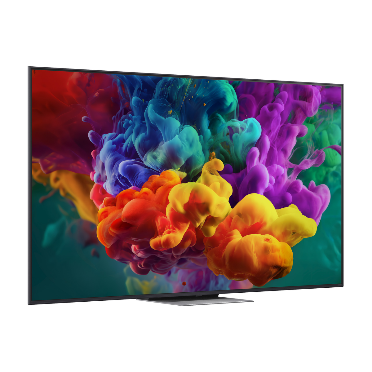 Un televisor moderno con un vibrante fondo de salpicaduras de tinta.