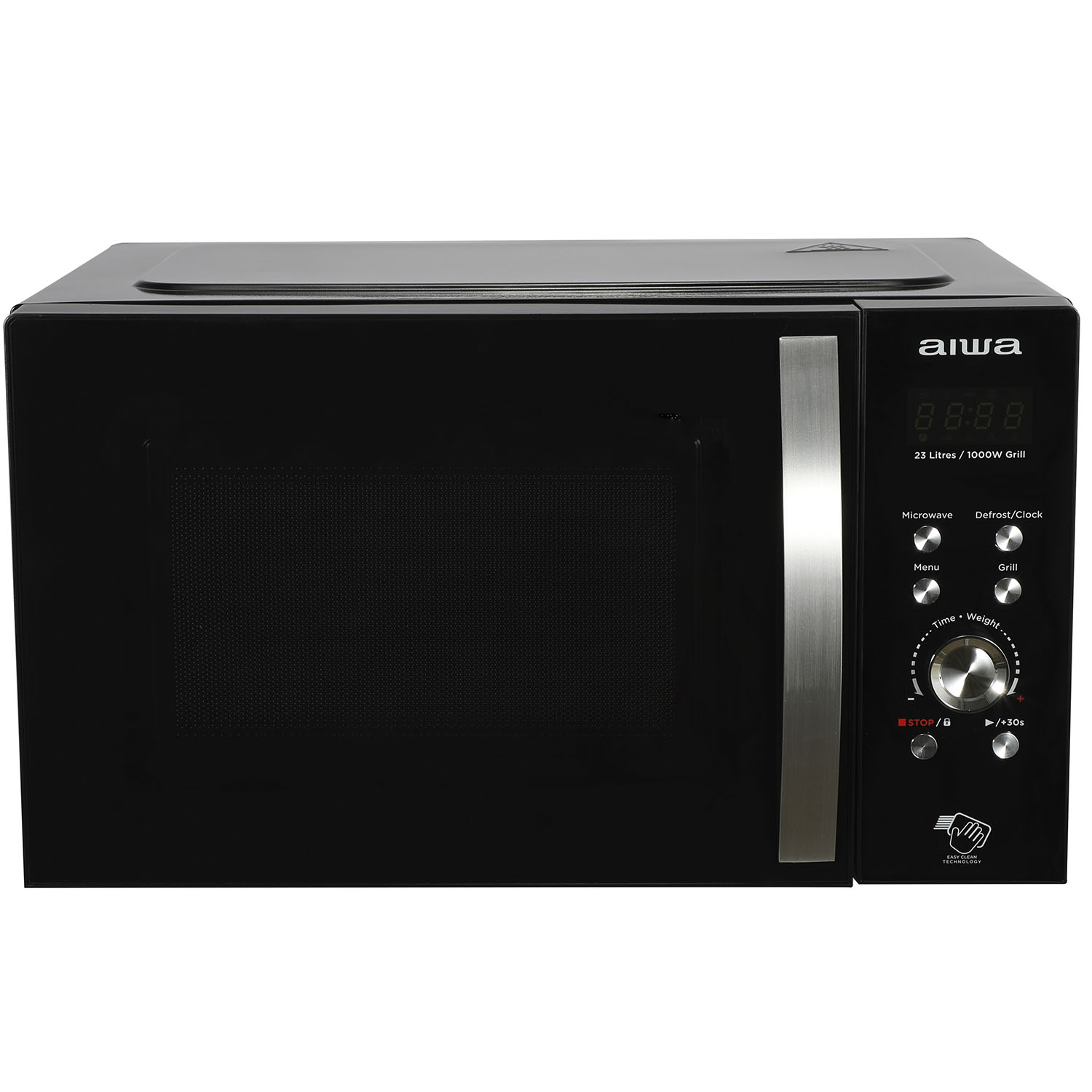 Czarna kuchenka mikrofalowa Aiwa, 23L, z grillem 1000W.