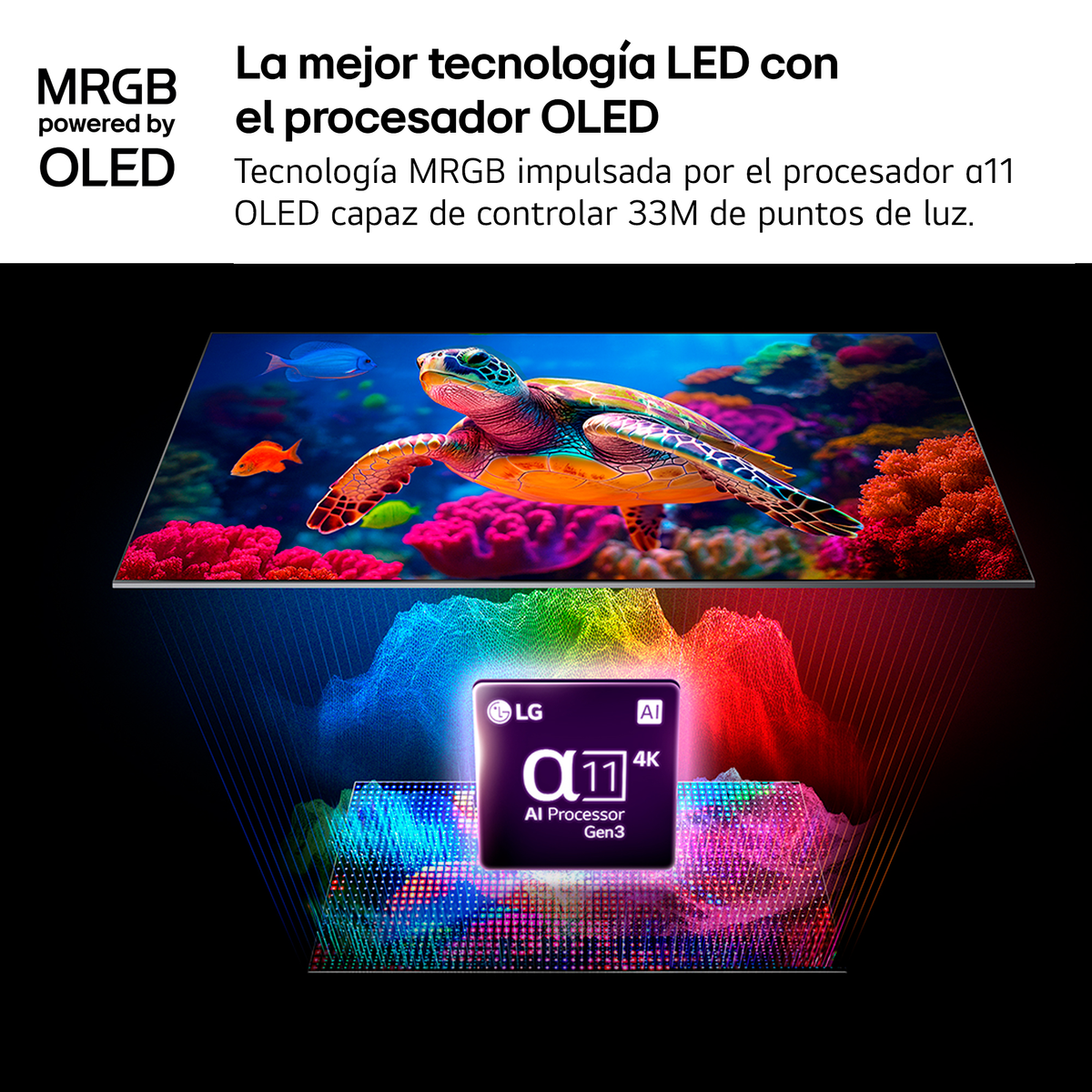 Uno schermo TV mostra una tartaruga marina, con un processore AI sotto.