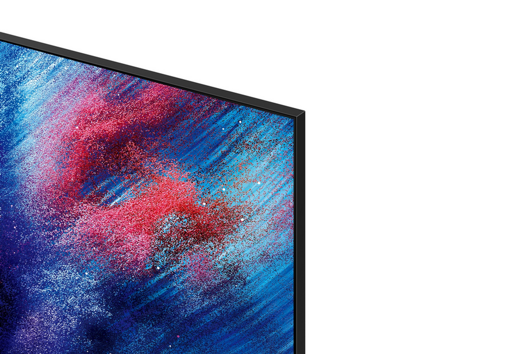 Primer plano de la esquina de una pantalla de TV con un patrón abstracto dinámico en tonos azules y rojos.