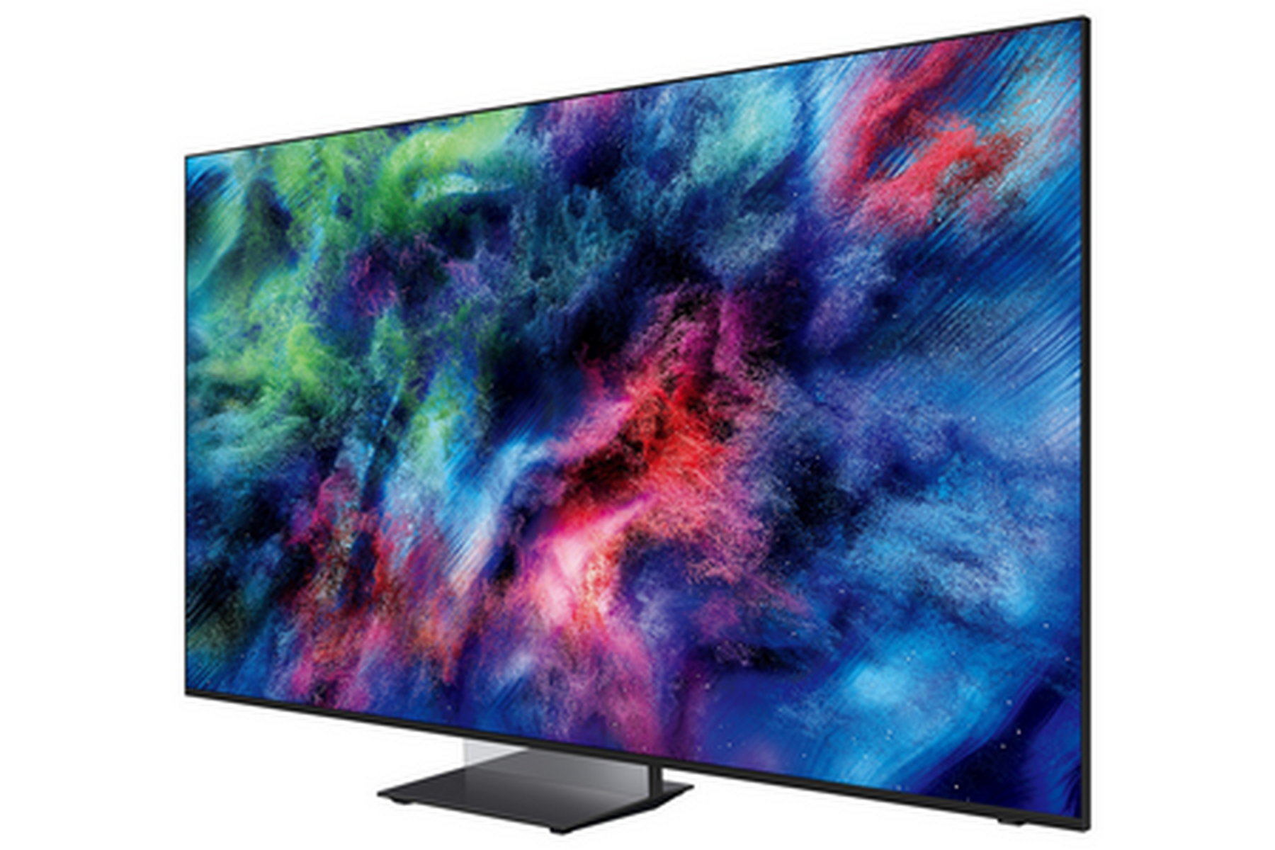 Un televisor moderno que muestra una imagen colorida y abstracta.