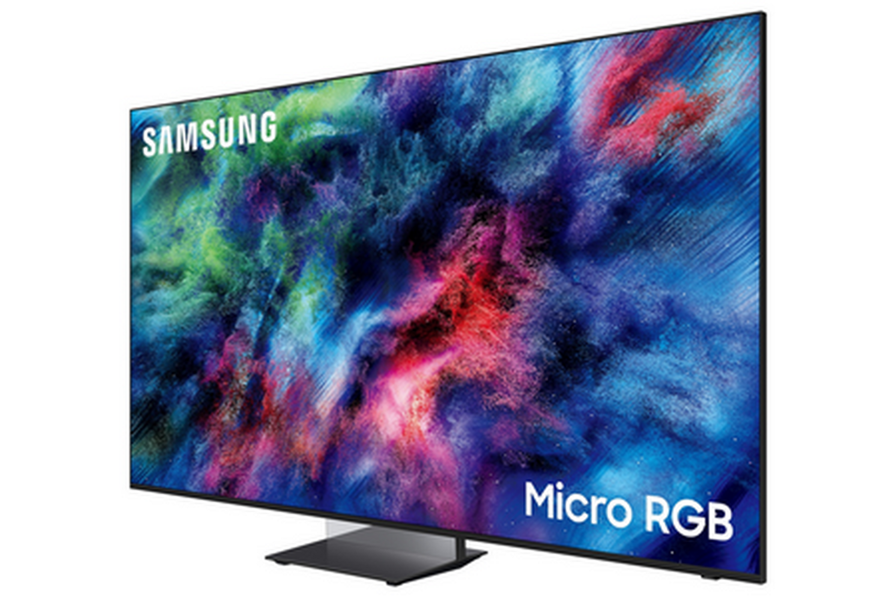 Un televisor Samsung Micro RGB con un fondo abstracto y colorido.