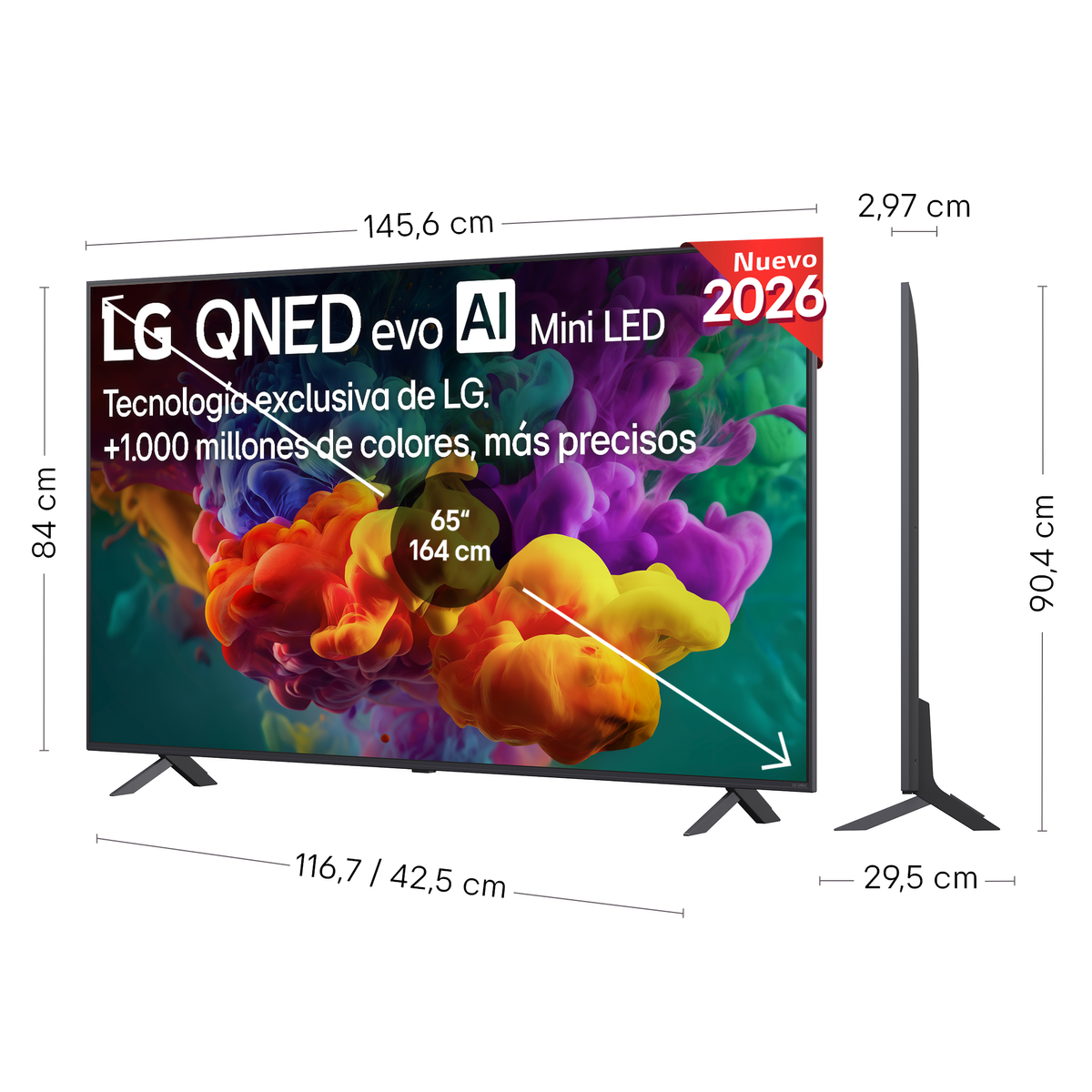 TV LG QNED evo AI Mini LED de 65 pulgadas, 145,6cm ancho, 84cm alto.