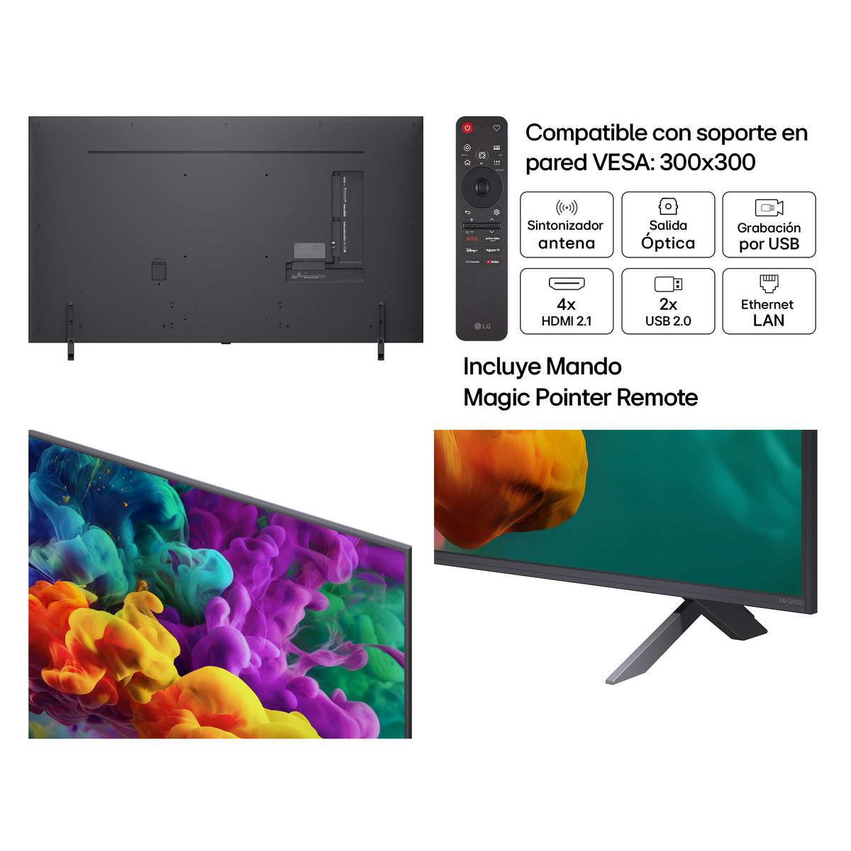Parte trasera de TV LG OLED con puertos y mando. Información VESA.
