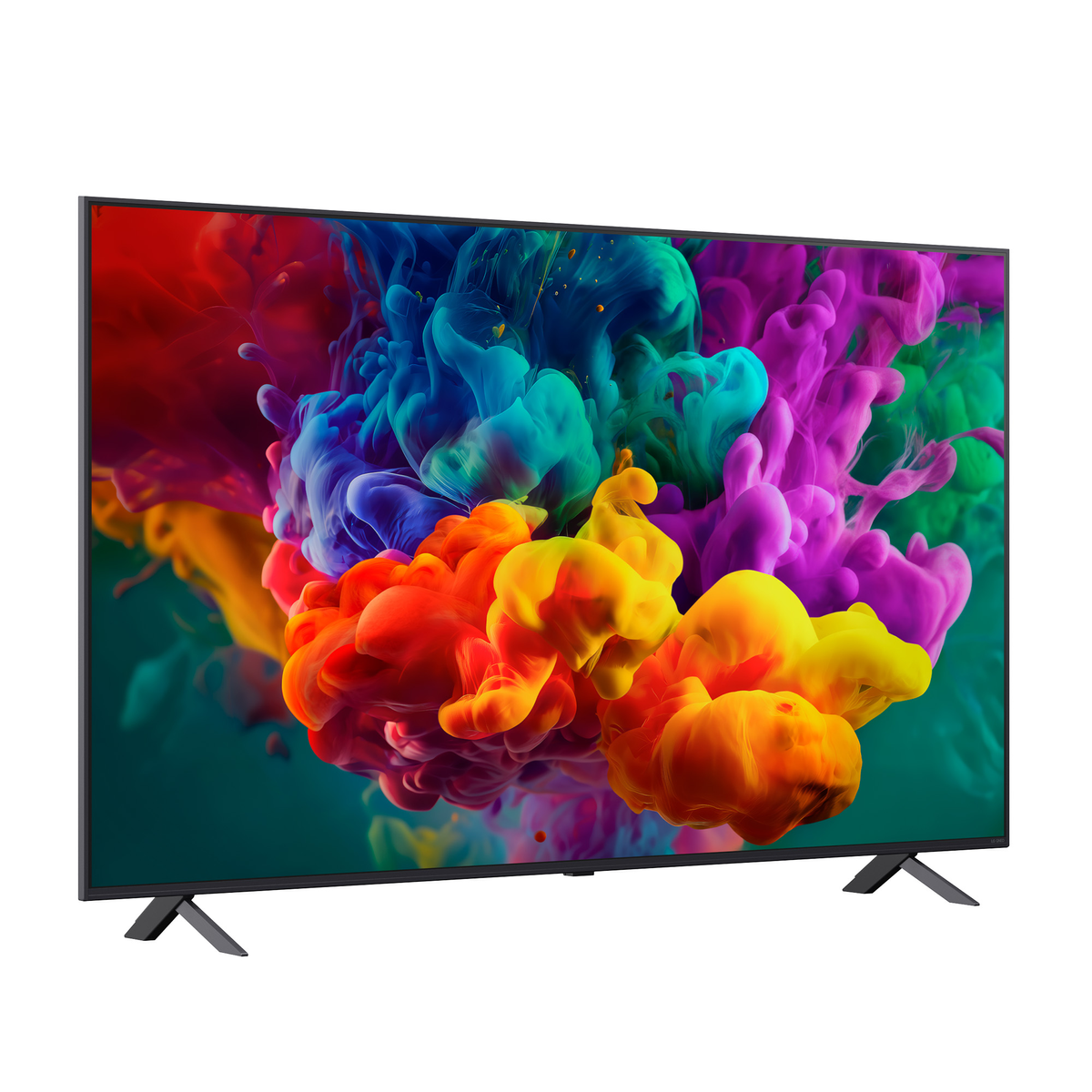 Un televisor moderno de pantalla plana que muestra una imagen abstracta y colorida.