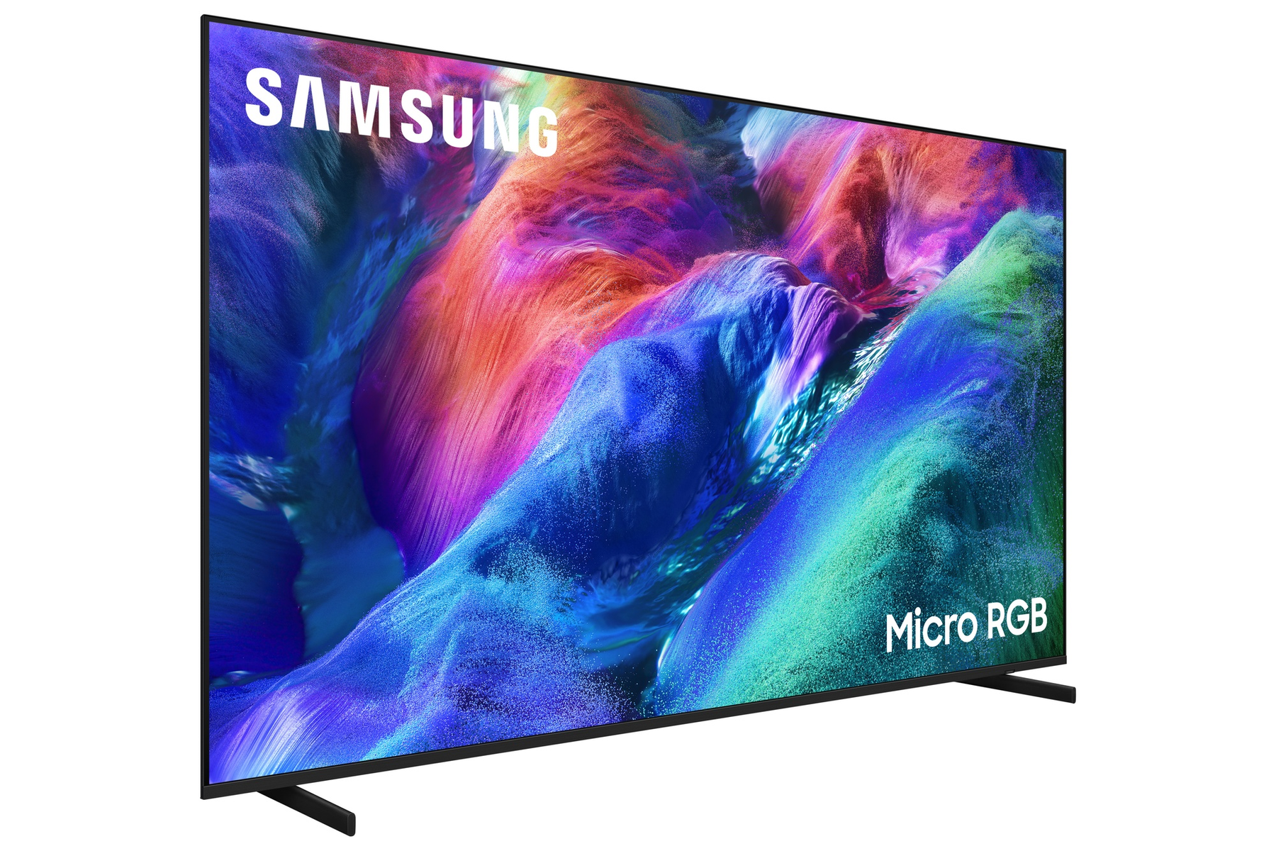 TV Samsung mostrando una imagen vibrante y arremolinada en pantalla con texto "Micro RGB".