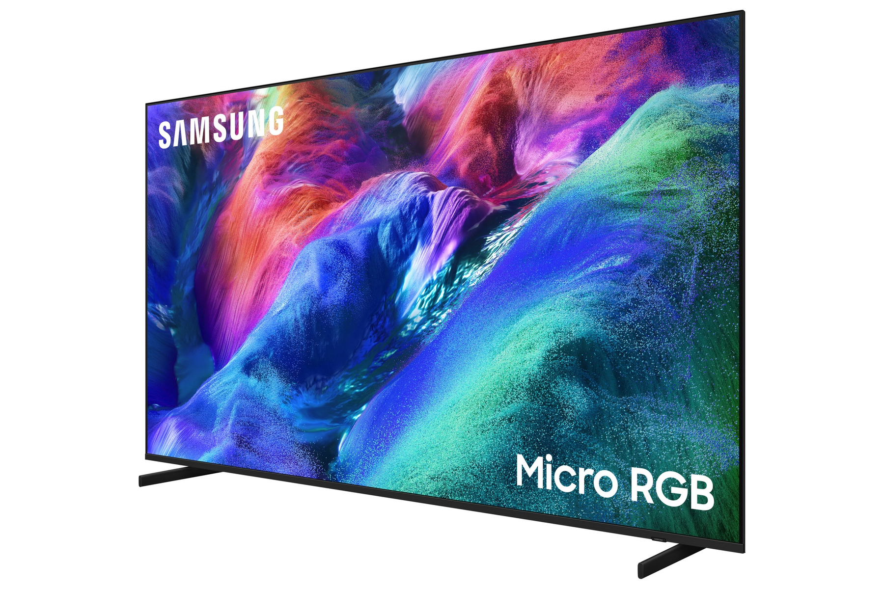 Un televisor Samsung Micro RGB con gráficos abstractos vibrantes.