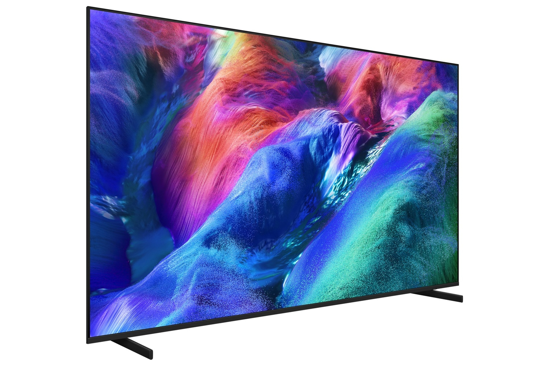 Una TV moderna con contenuti vibranti e colorati sullo schermo e cornice sottile.