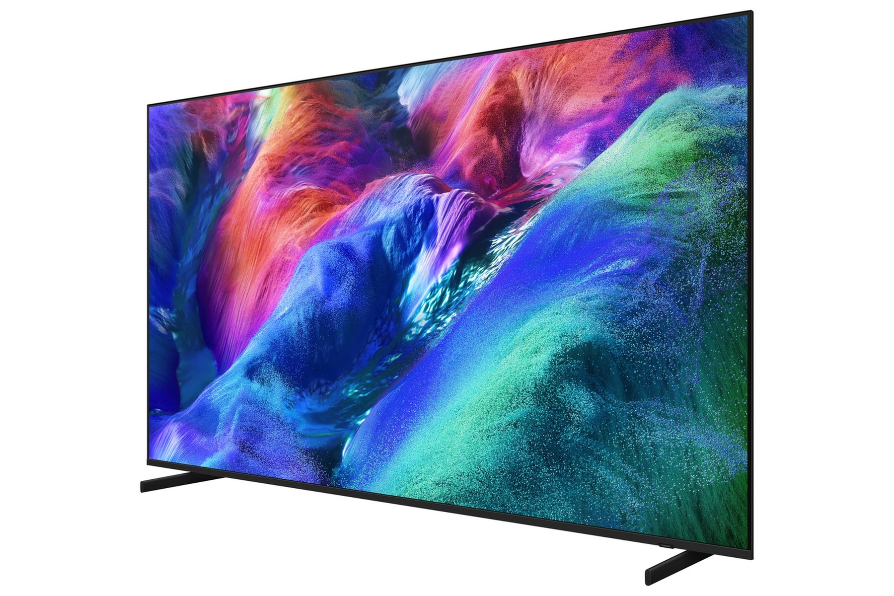 Una TV moderna che mostra un'immagine astratta vibrante con tonalità blu, rosse e verdi.