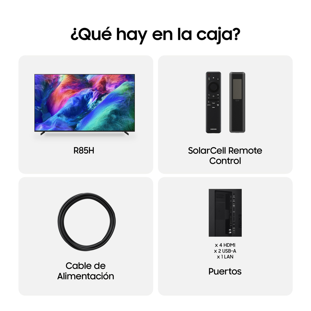 Una TV Samsung R85H, due telecomandi SolarCell, un cavo di alimentazione e porte.