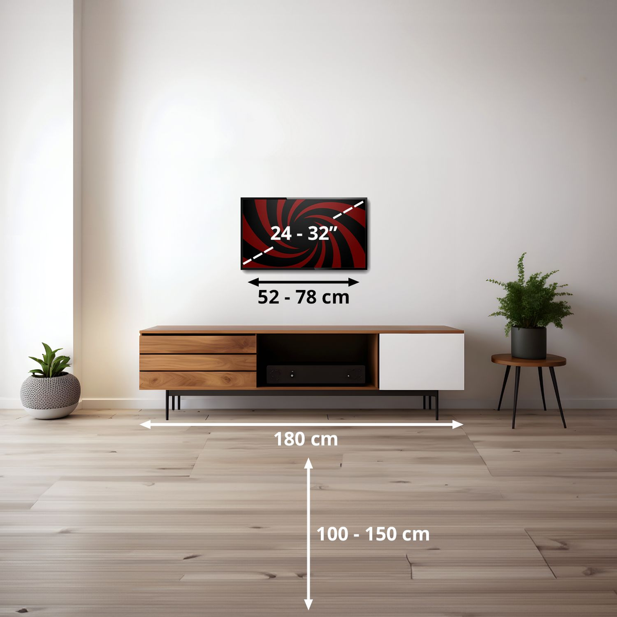 Una pantalla de TV de 24-32 pulgadas cuelga sobre un mueble multimedia.