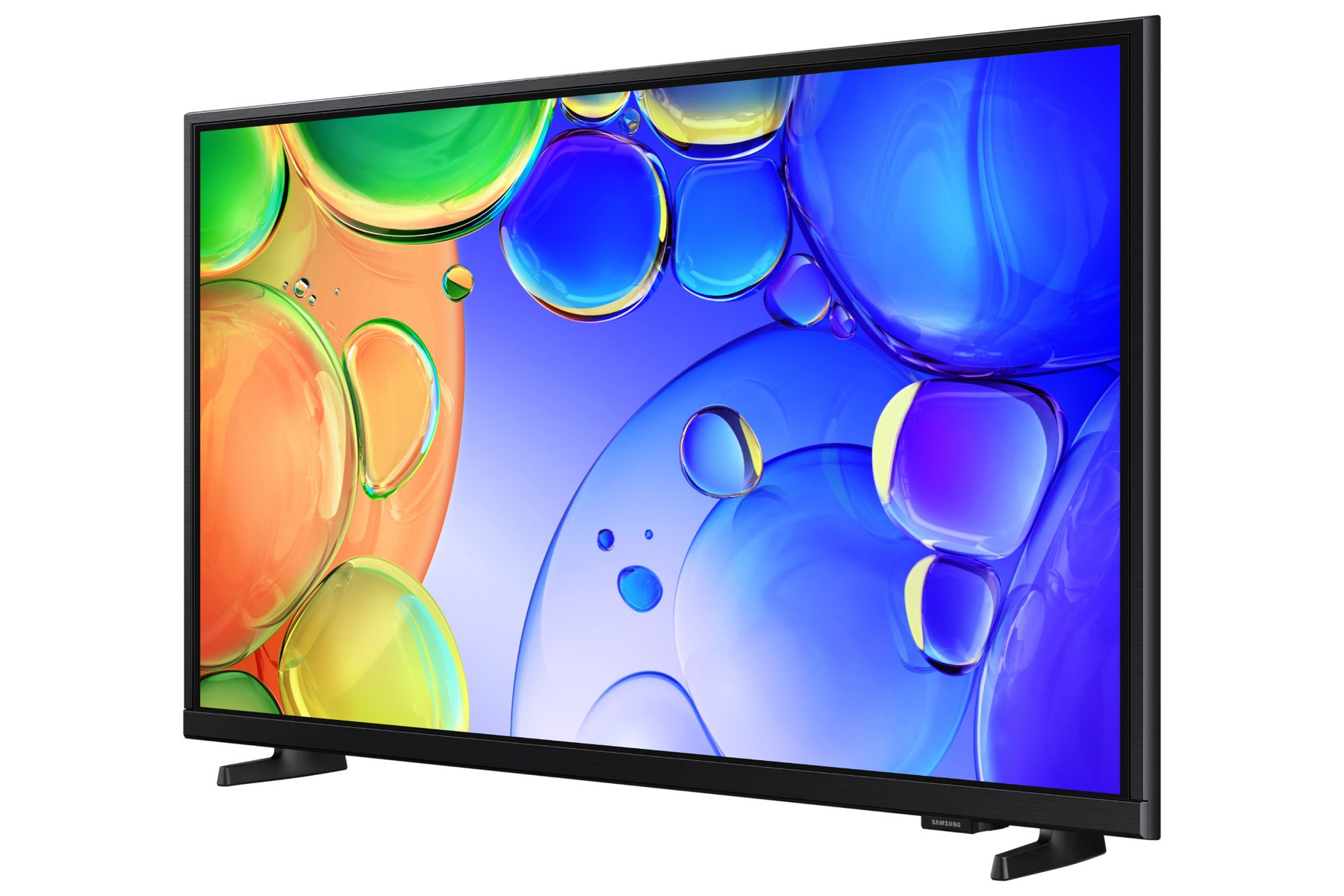 Televisor Samsung negro con burbujas coloridas y translúcidas sobre fondo azul.