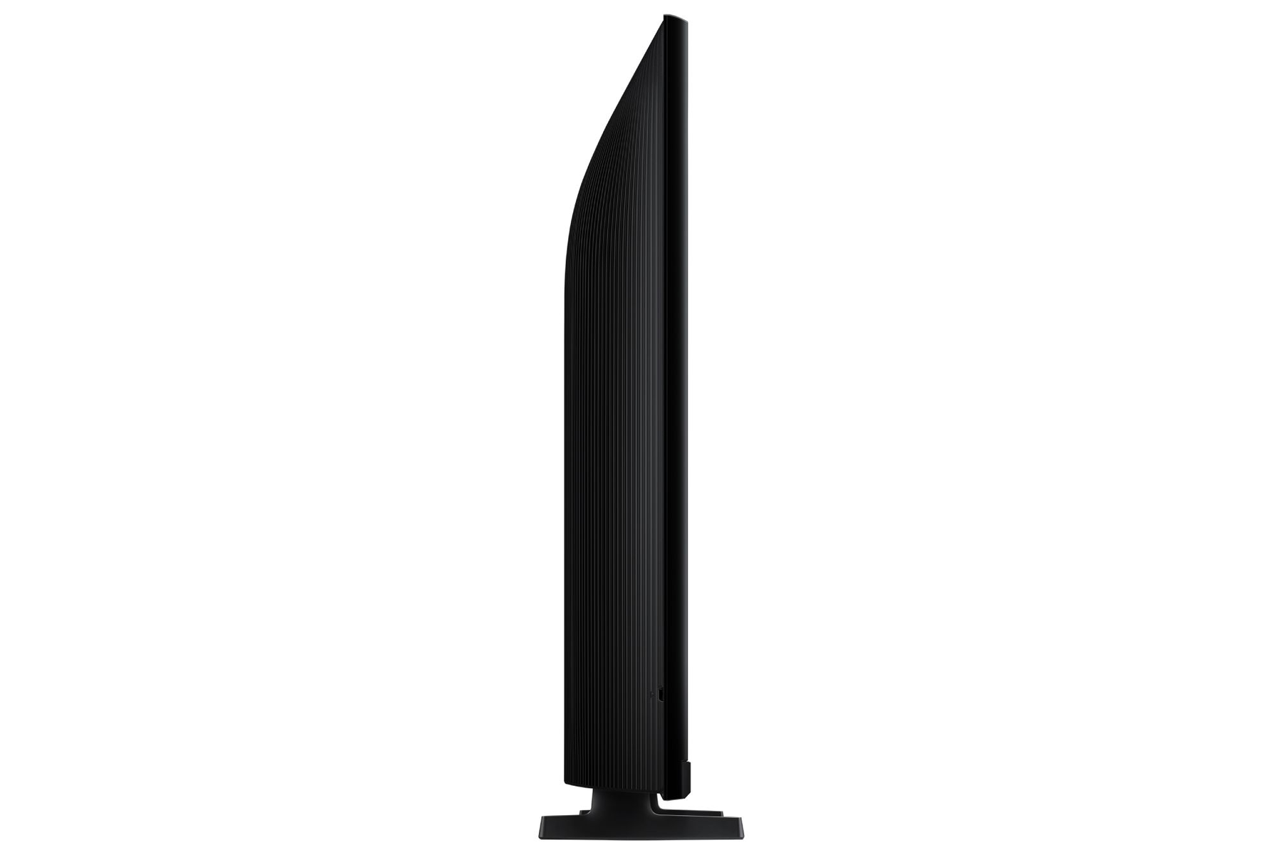 Un televisor negro visto de lado, con carcasa acanalada y base delgada.