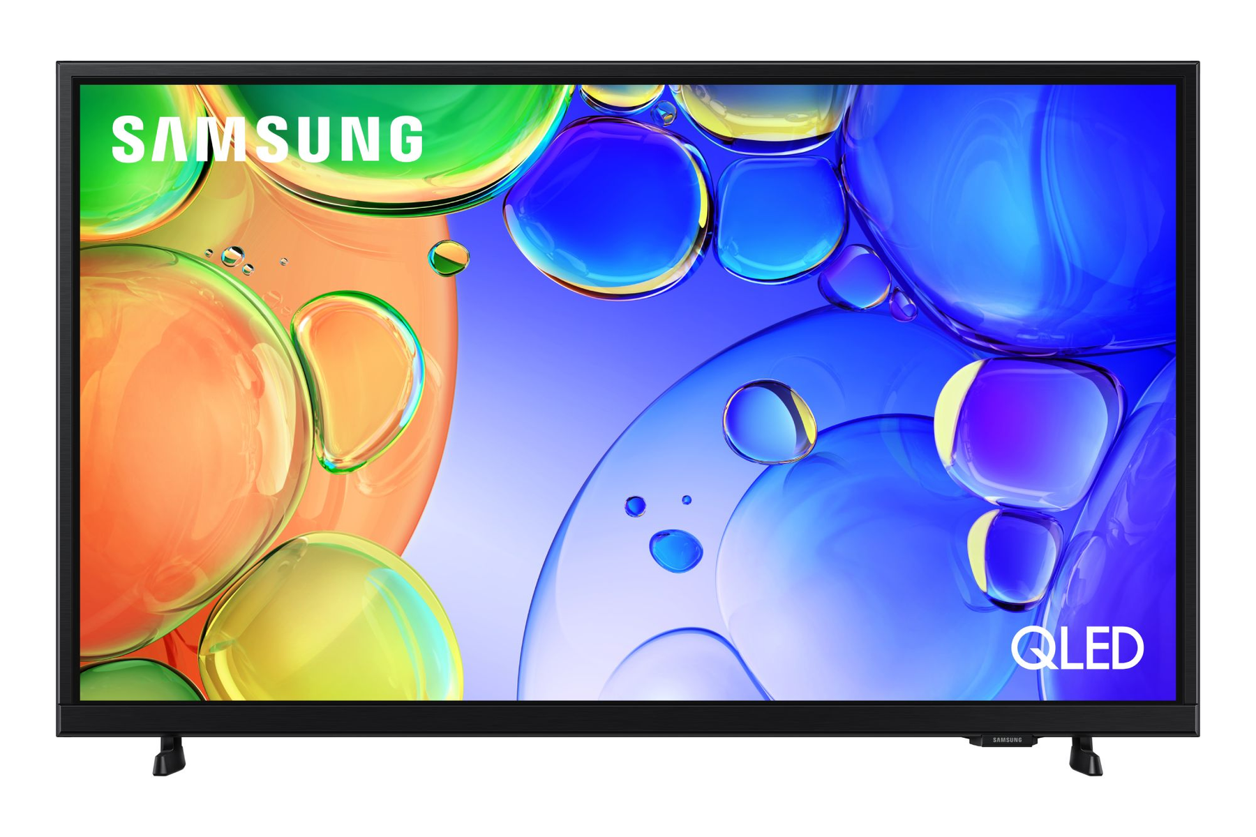 Un televisor Samsung QLED con marco negro y burbujas coloridas en la pantalla.