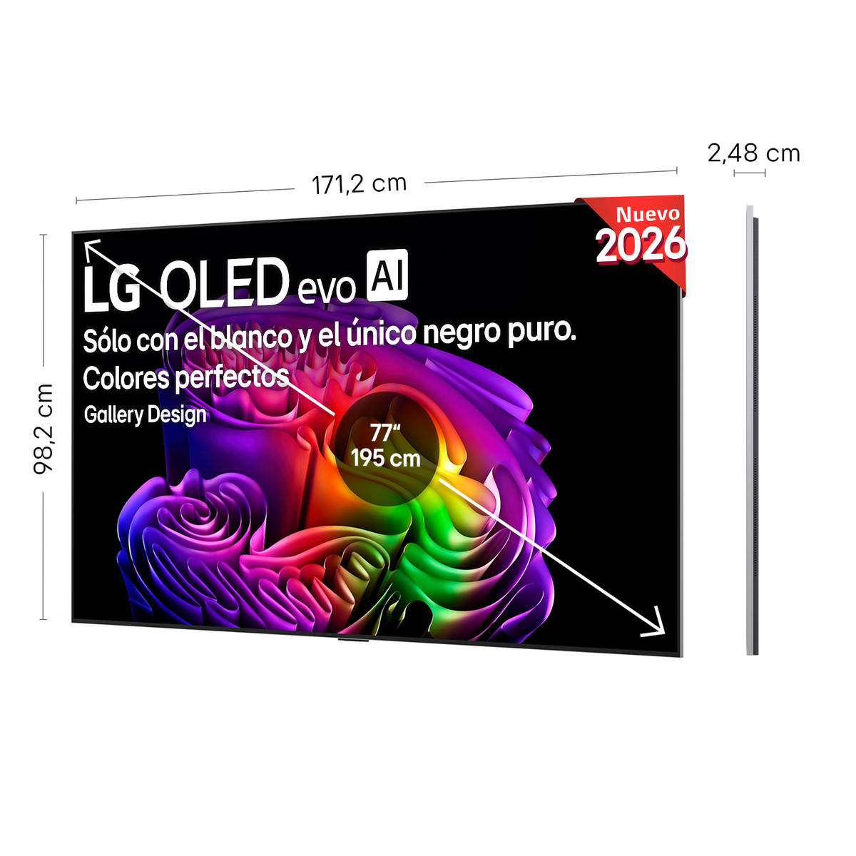 TV LG OLED evo, 171,2cm largo, 98,2cm alto, 2,48cm profundo. Schermo da 77".
