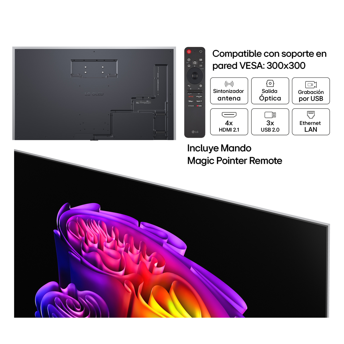 Retro TV LG OLED con telecomando, VESA e porte. Arte astratta colorata.