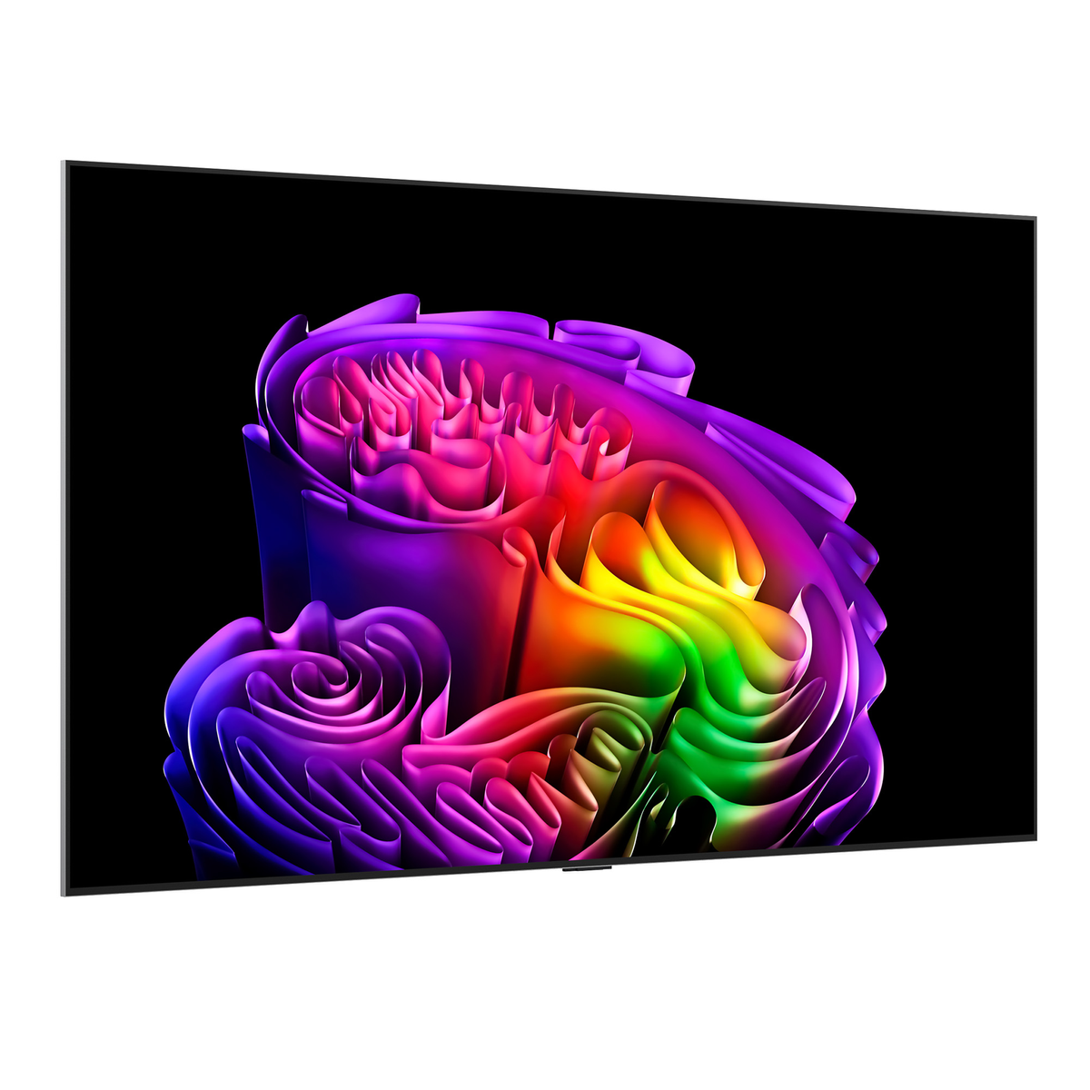 Un vortice astratto colorato visualizzato su uno schermo TV su sfondo nero.