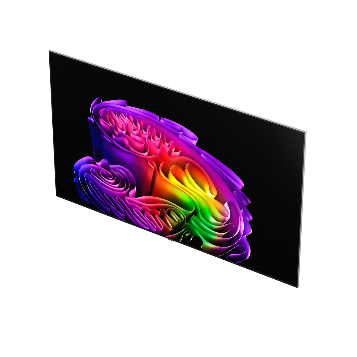 Scultura astratta color arcobaleno su sfondo nero.