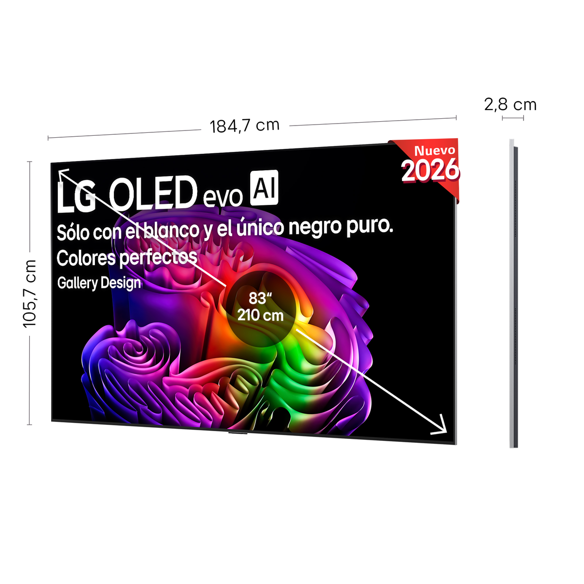 TV LG OLED evo AI, 184,7 cm largo, 105,7 cm alto, 2,8 cm profundo.