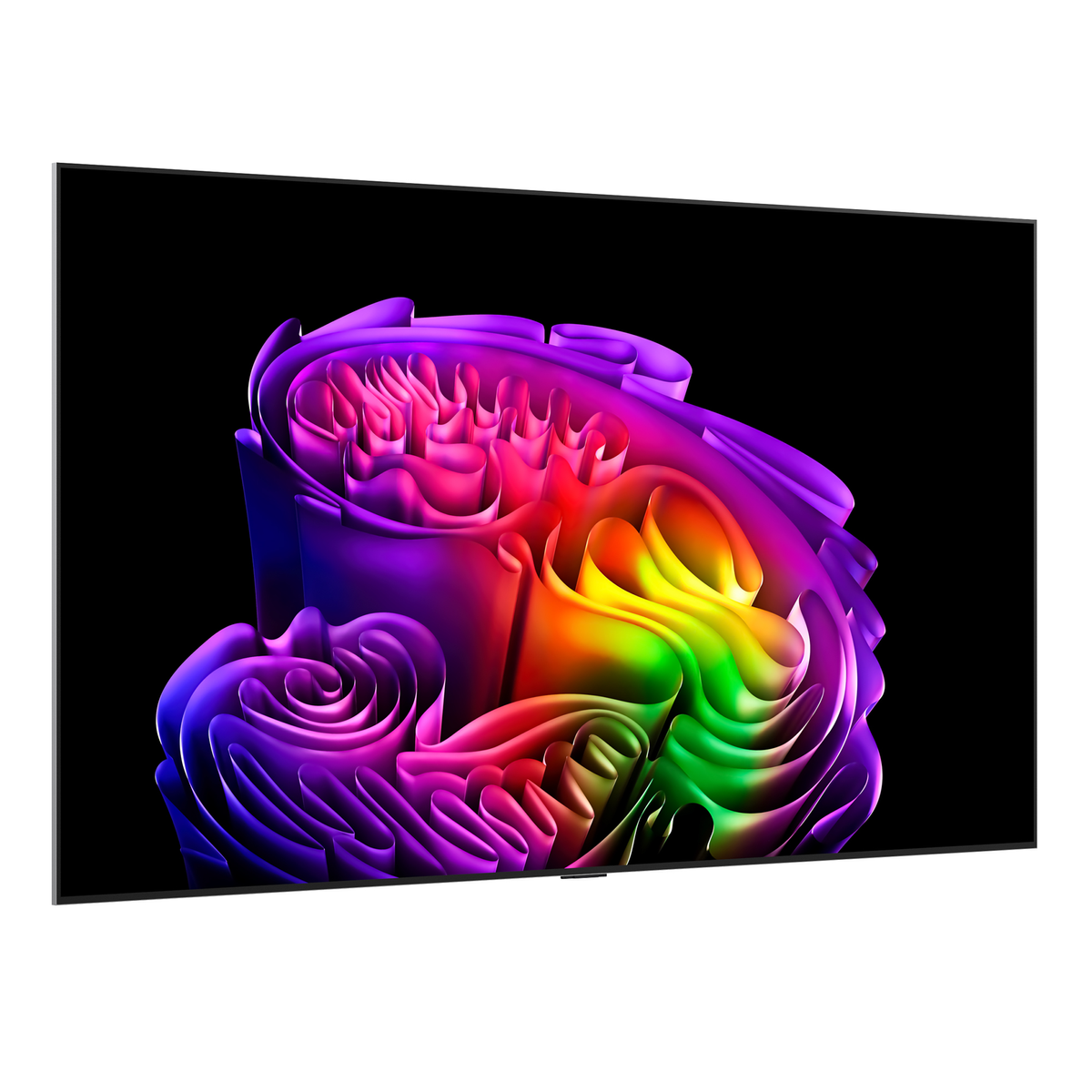 Scultura astratta in arcobaleno su sfondo nero.