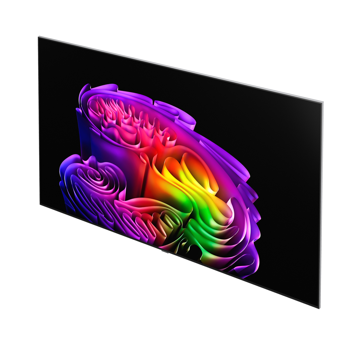 Un vortice astratto multicolore viola, rosa, blu e verde su sfondo nero.