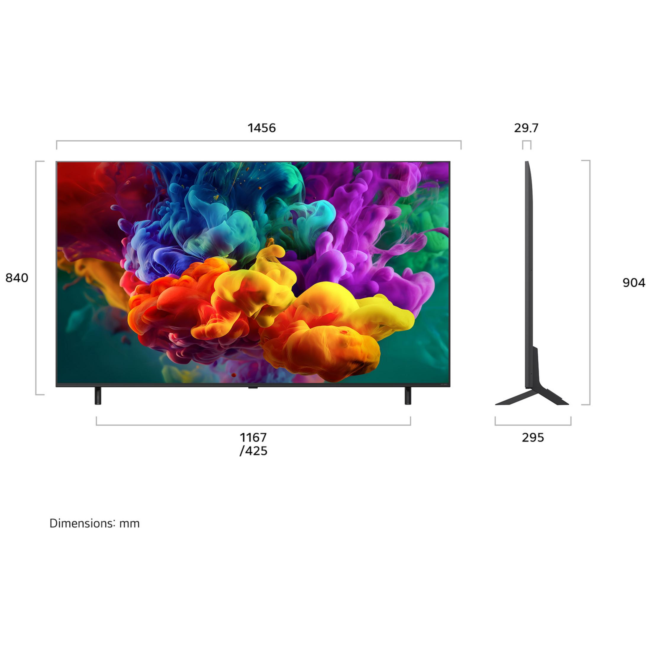 Una TV a schermo piatto mostra nuvole di inchiostro colorate, con dimensioni.