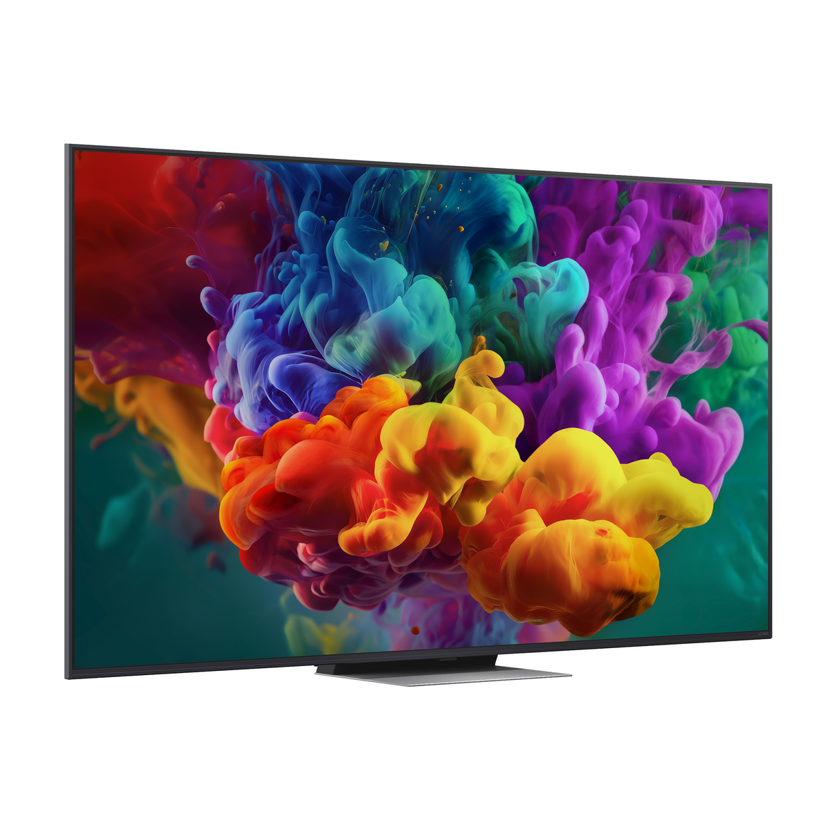 Un televisore moderno mostra un colorato motivo di fumo o inchiostro rosso, blu e giallo.