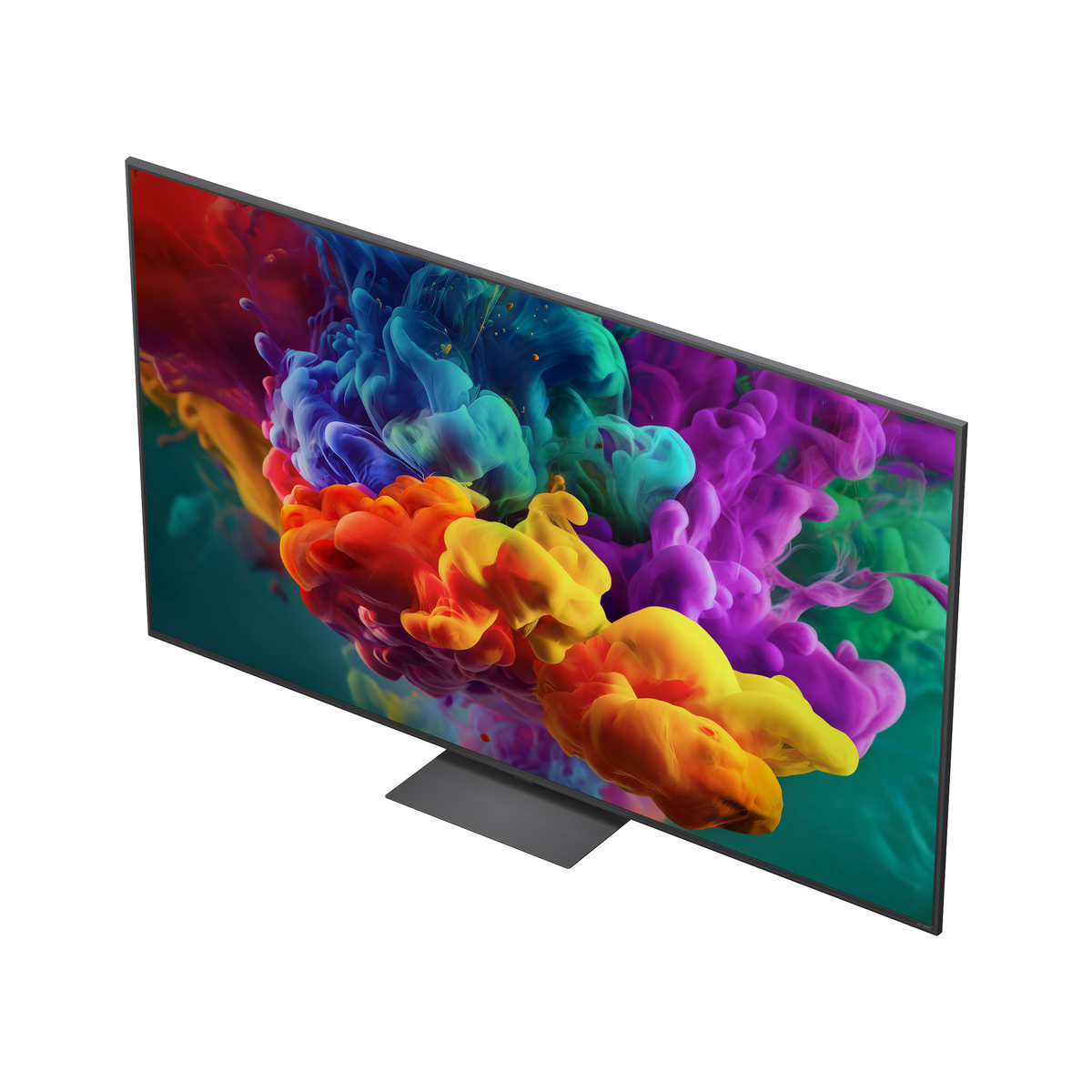 Un televisore moderno con uno sfondo di fumo colorato e vibrante.