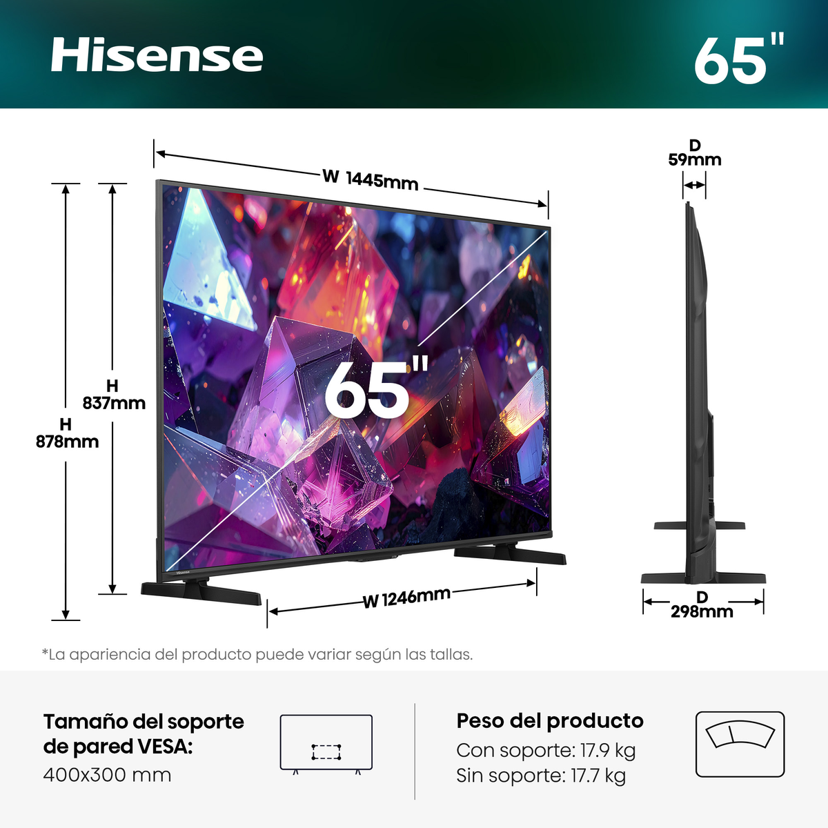TV Hisense da 65 pollici con dimensioni e peso.