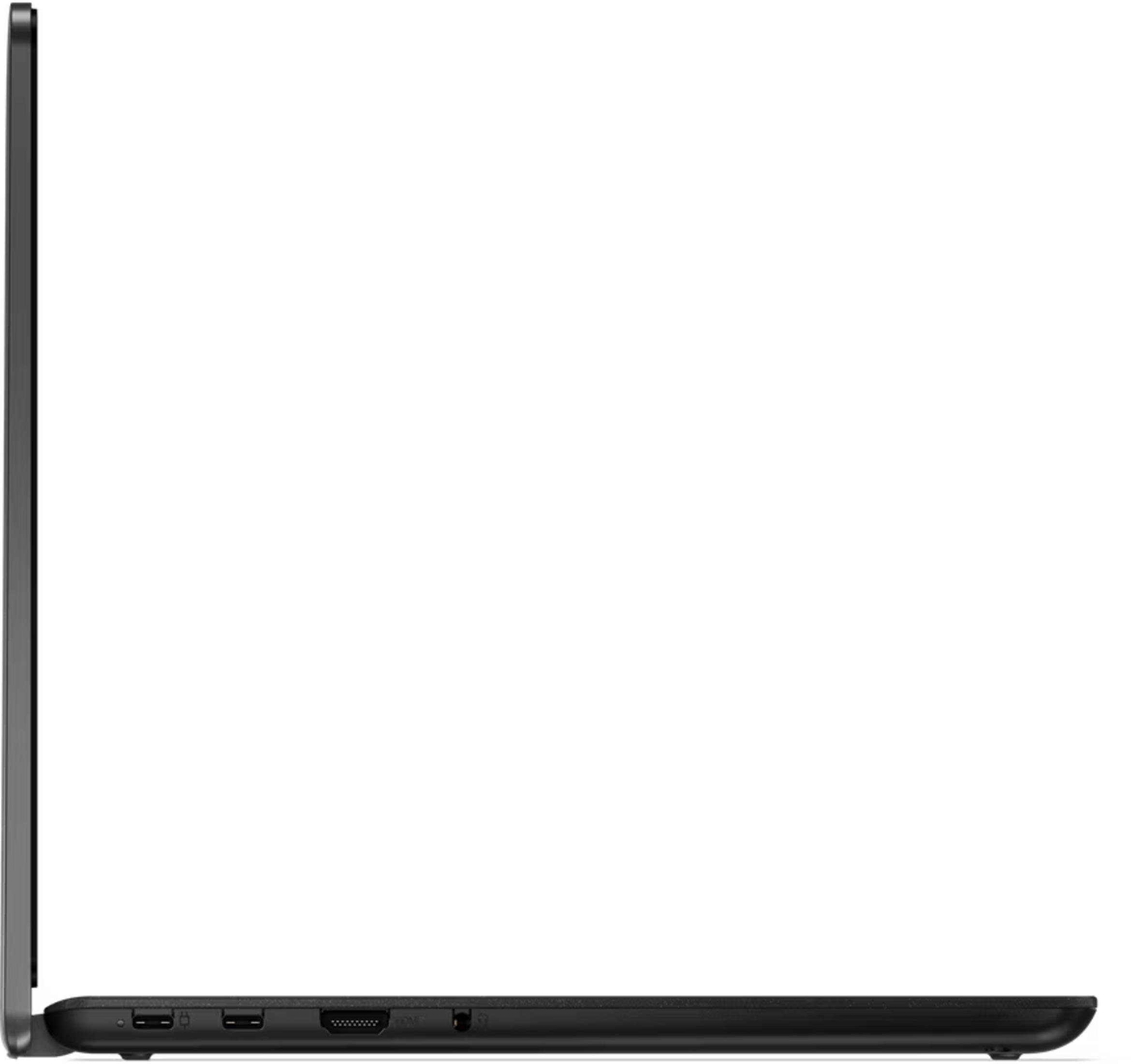 Ein schwarzer Laptop im Seitenprofil mit Anschlüssen an der Seite.