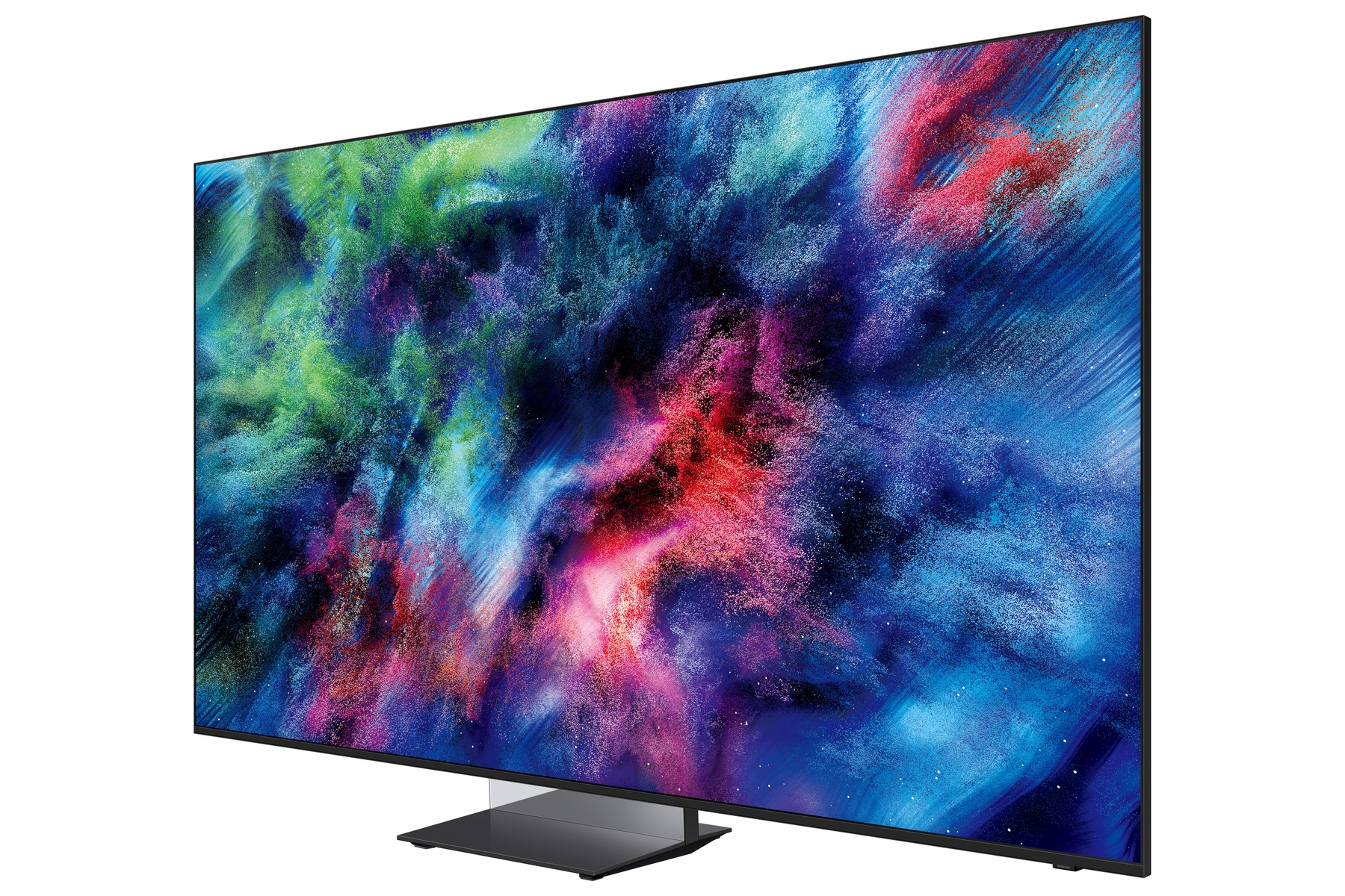 Un televisor moderno que muestra una imagen de fondo abstracta y colorida.