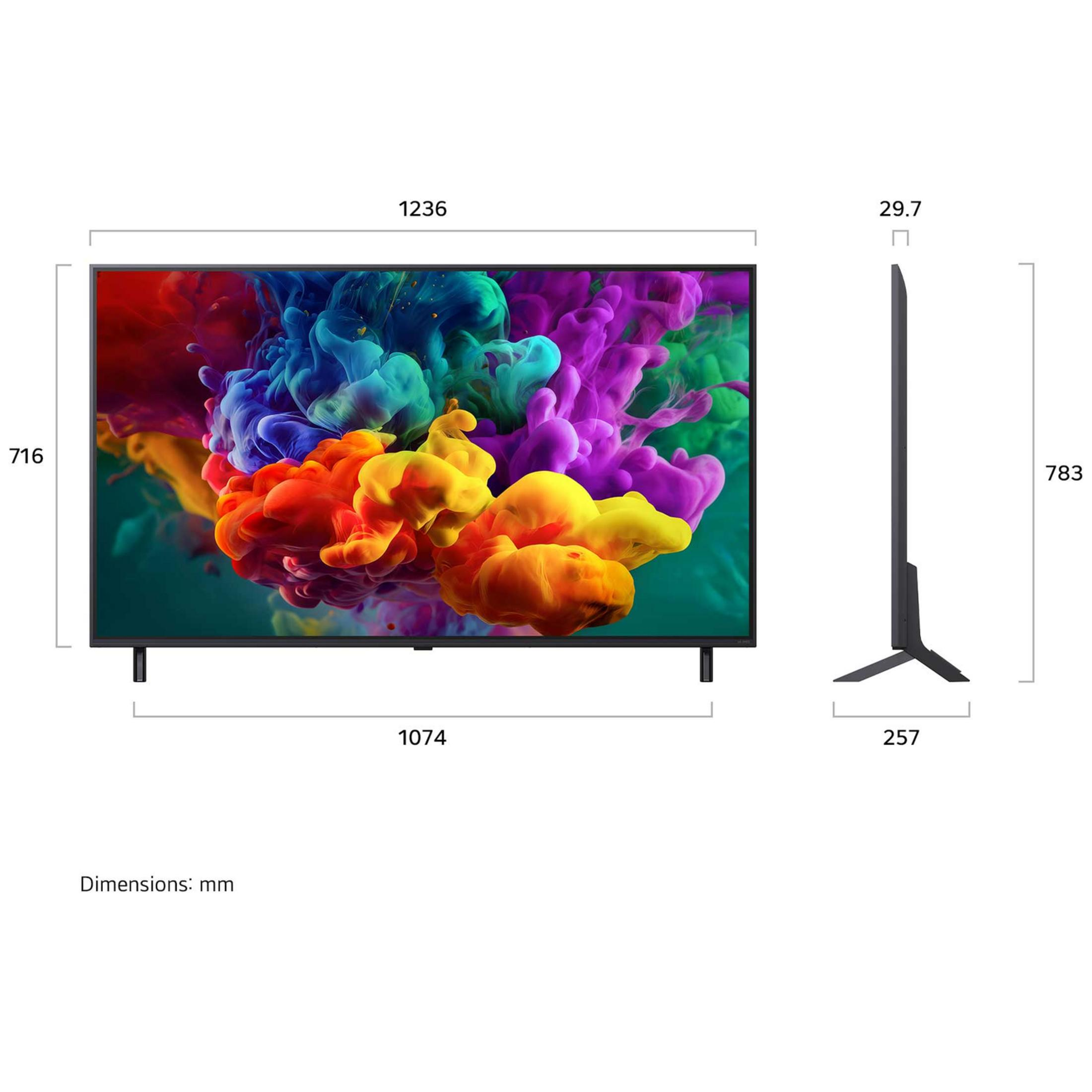 TV a schermo piatto con grafica di fumo colorato e dimensioni.