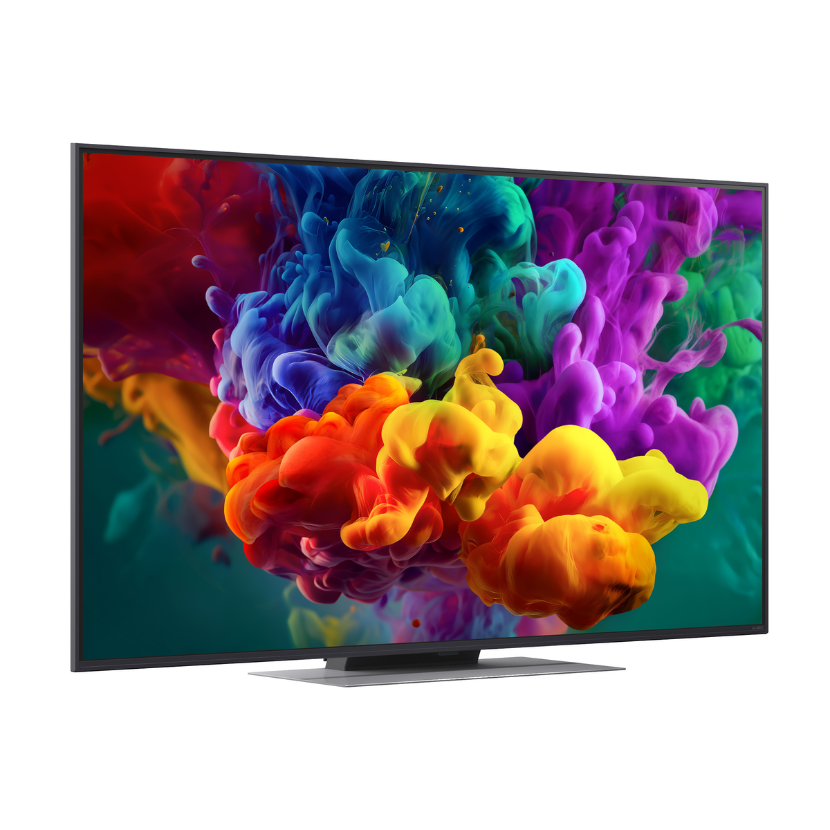 Una TV moderna mostra nuvole di fumo colorate in rosso, blu, giallo e viola.